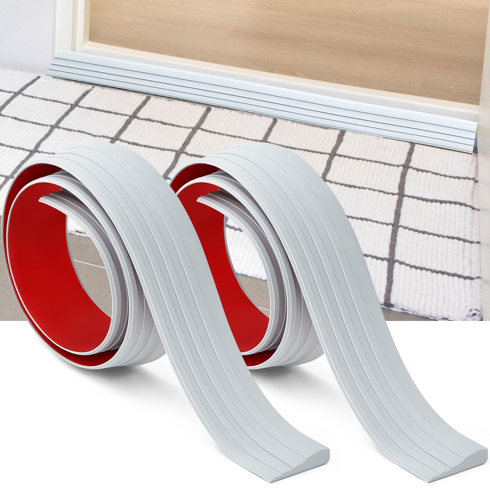 Pangda 2 Roll 3.28 ft Long x 1.97 Inch Wide Rubber Rise Wheelchair Ramp Self Adhesive Non Slip Surface Threshold Ramps for Doorways Solid Door Ramp for Doorway Bathroom Garage Floor Tiles, Gray