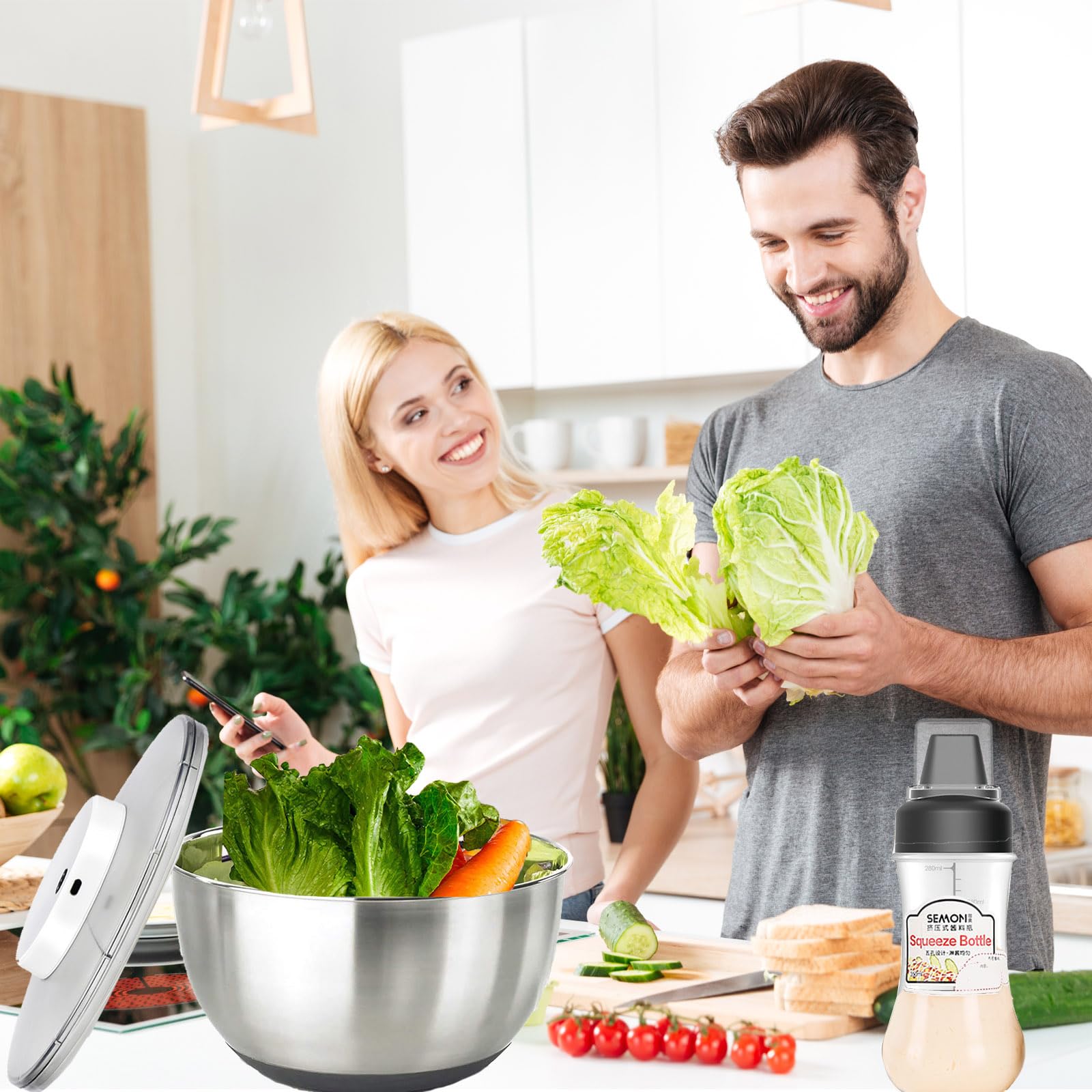 Essoreuse à Salade en Acier Inoxydable avec Couvercle de 4,8 l et Base Antidérapante – Grande Spinner à Salade– Essoreuse à Salade Electrique pour Laitue, Fruits, sans BPA et Passe au Lave-Vaisselle