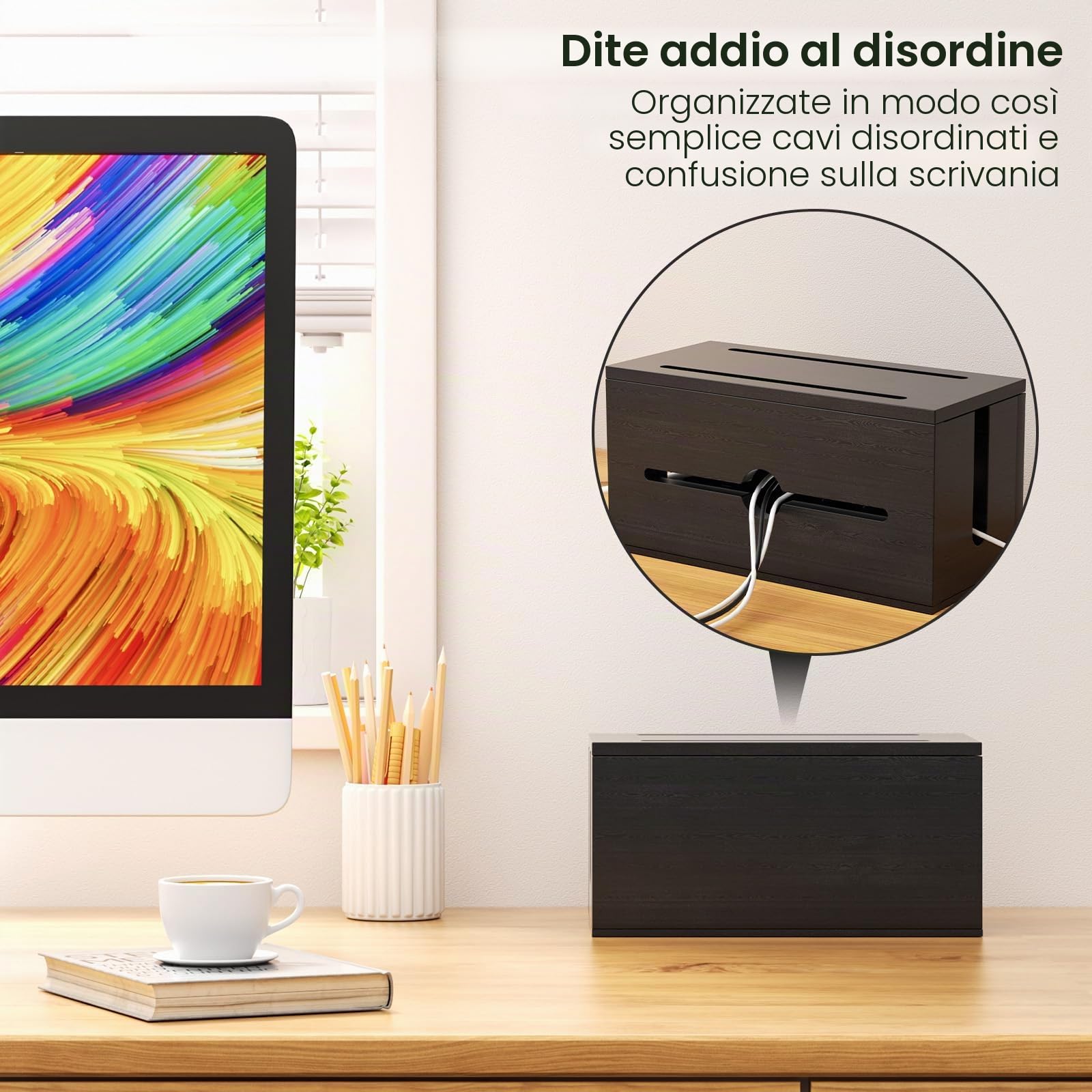 Scatola per cavi in legno con ciabatta multipresa, stazione di ricarica organizer con 8 prese, 4 USB e 1 ricarica rapida di tipo C, protezione da sovratensione con cavo di prolunga da 200 cm, per
