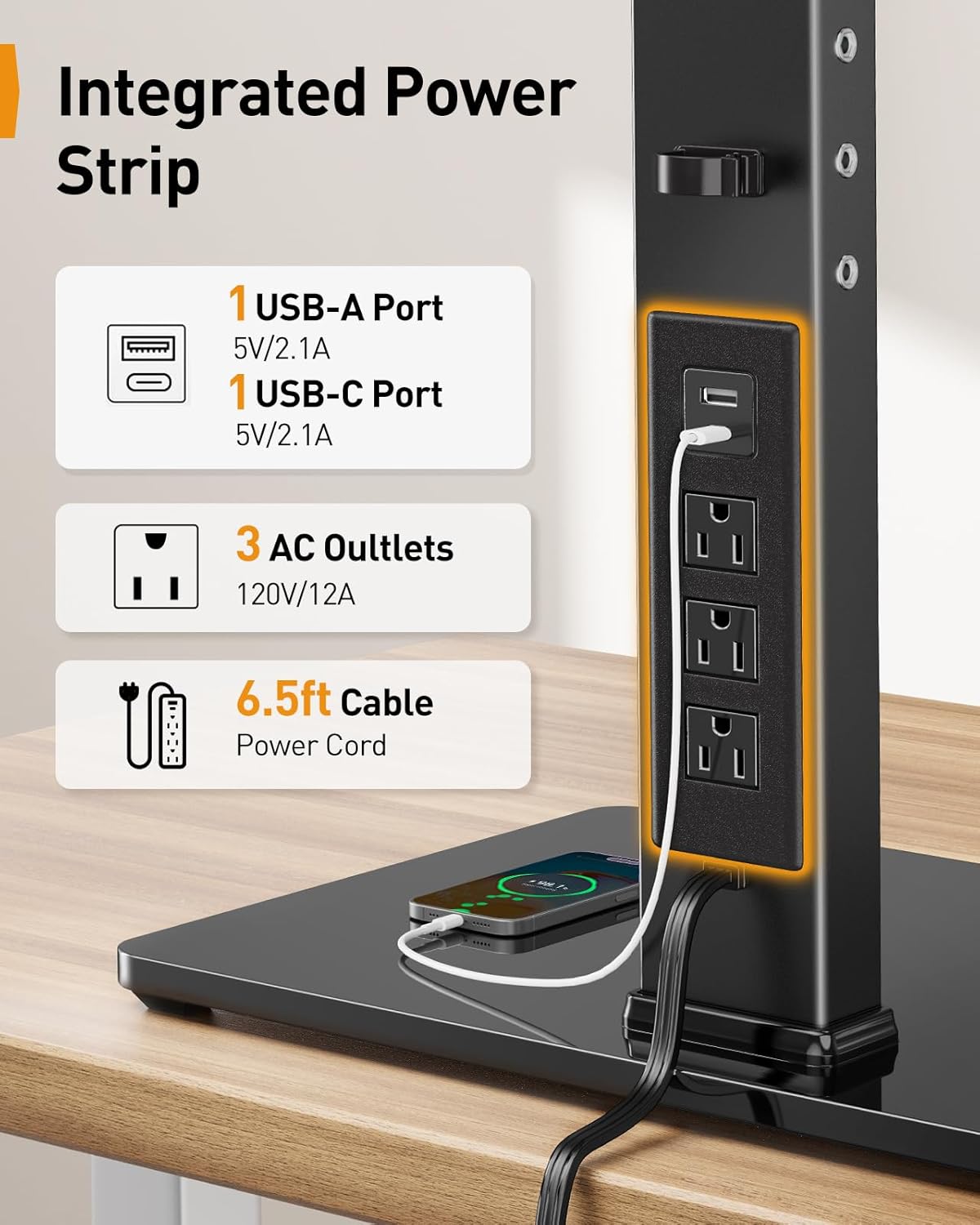 Integrated power strip with USB and AC outlets