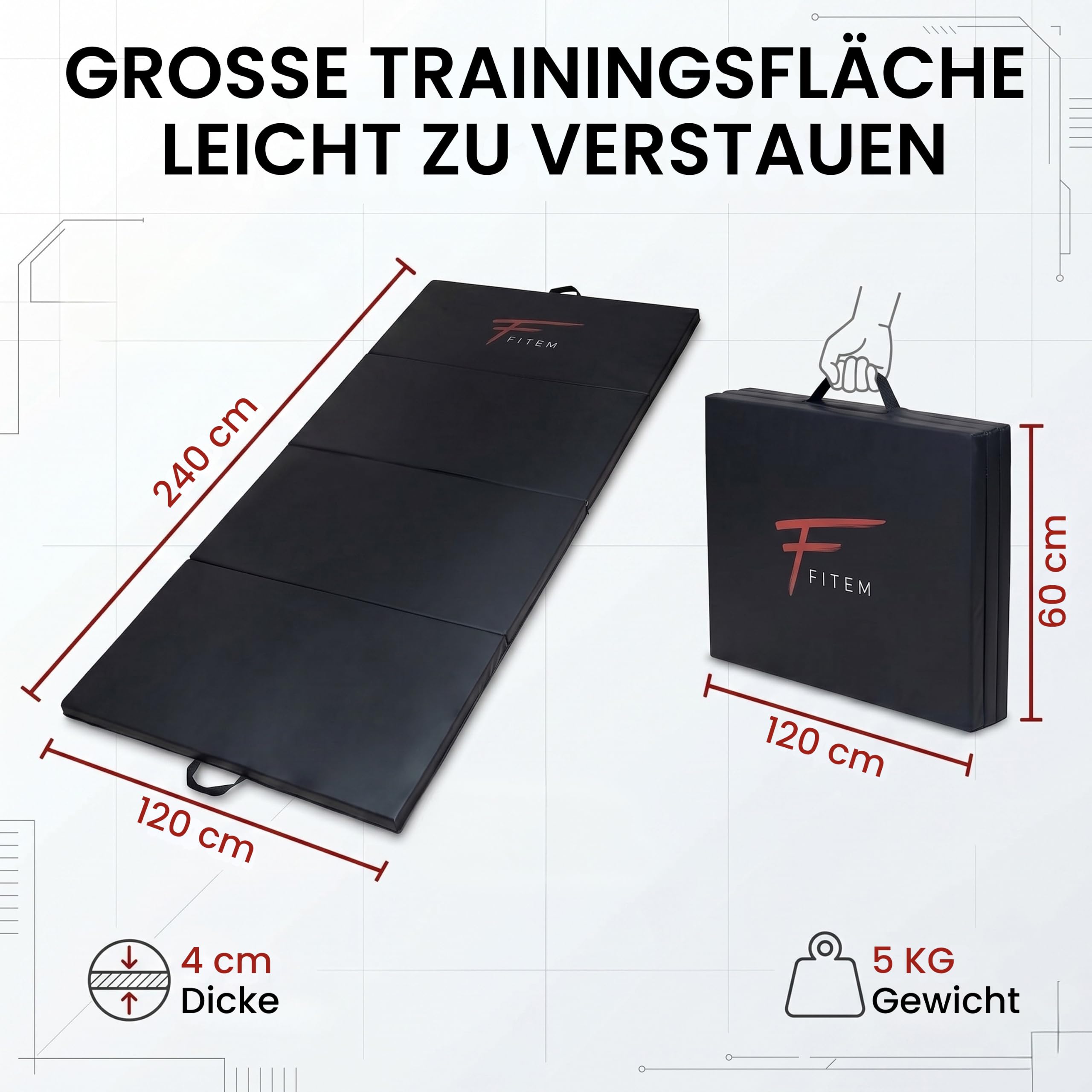 Fitem Fitnessmatten, faltbar, dick, Maße 240 x 120 x 4 cm oder 180 x 60 x 4 cm, mit Transportgriffen, für Gym, Yoga, MMA, Sport, Gymnastik, Fitness, Pilates, Muskeltraining