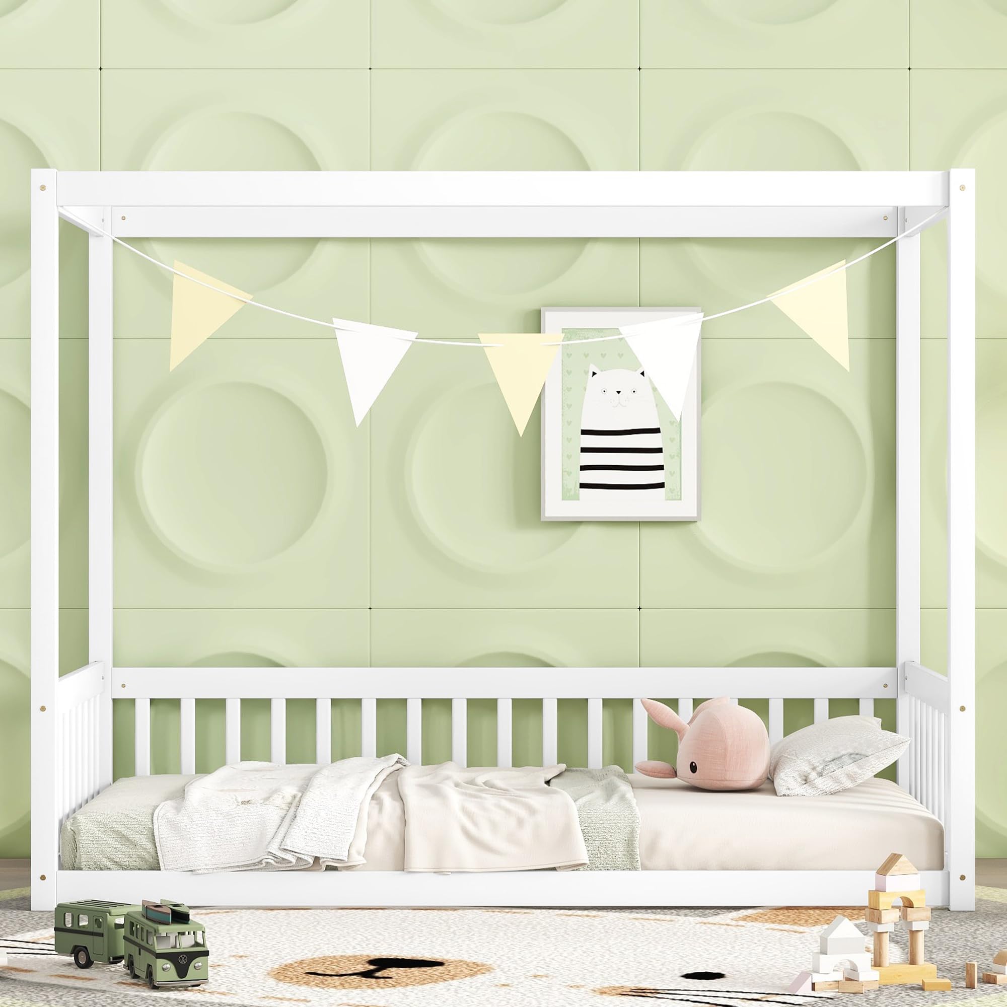 Twin Size 4-Poster Canopy Floor Bed with Fence Guardrails, Modern Wooden Platform Bed Frame for Kids Teens Girls Boys, No Box Spring Needed, Easy Assembly (White-05)