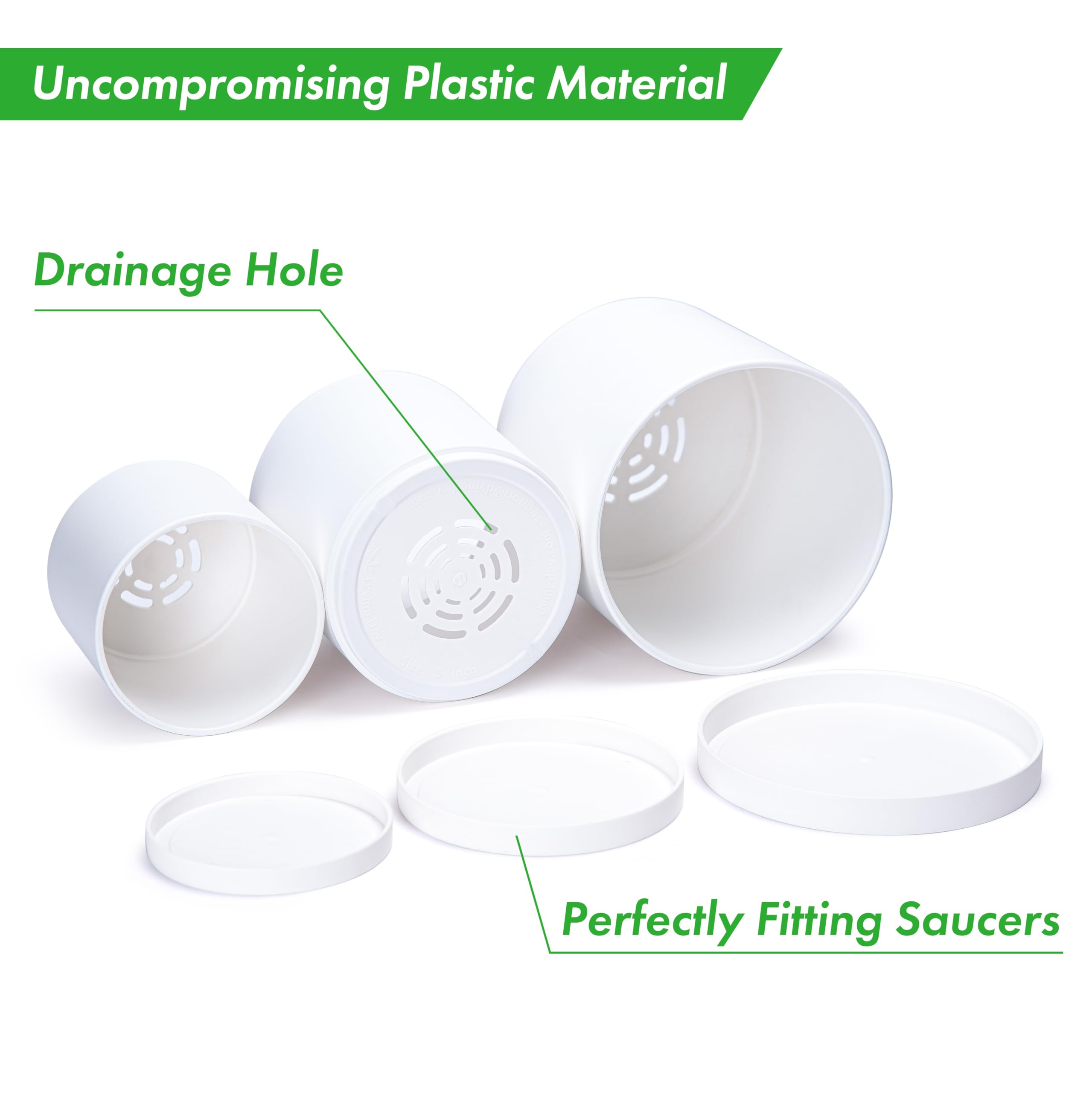 Set of 3 Minimalist Small 4" 5" 6" Cylinder Plastic Planter Pots with Drainage Hole and Seamless Saucers, White Color - Image 3