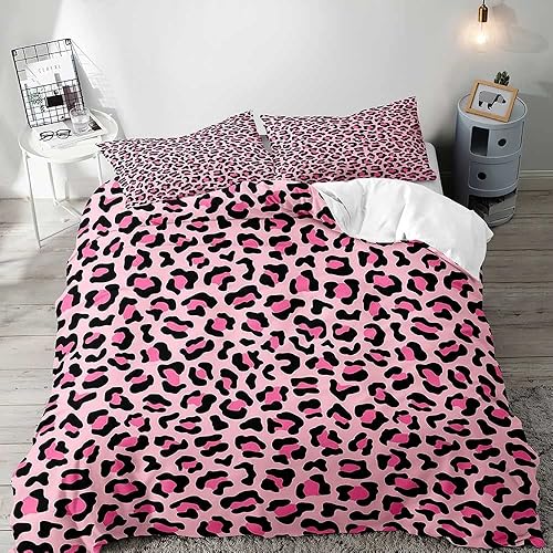 Miniatura 10 de LUVIVIHOME Funda de edredón de leopardo rosa intenso de 3 piezas, ropa de cama para niñas adolescentes, funda de edredón a rayas blancas y negras,