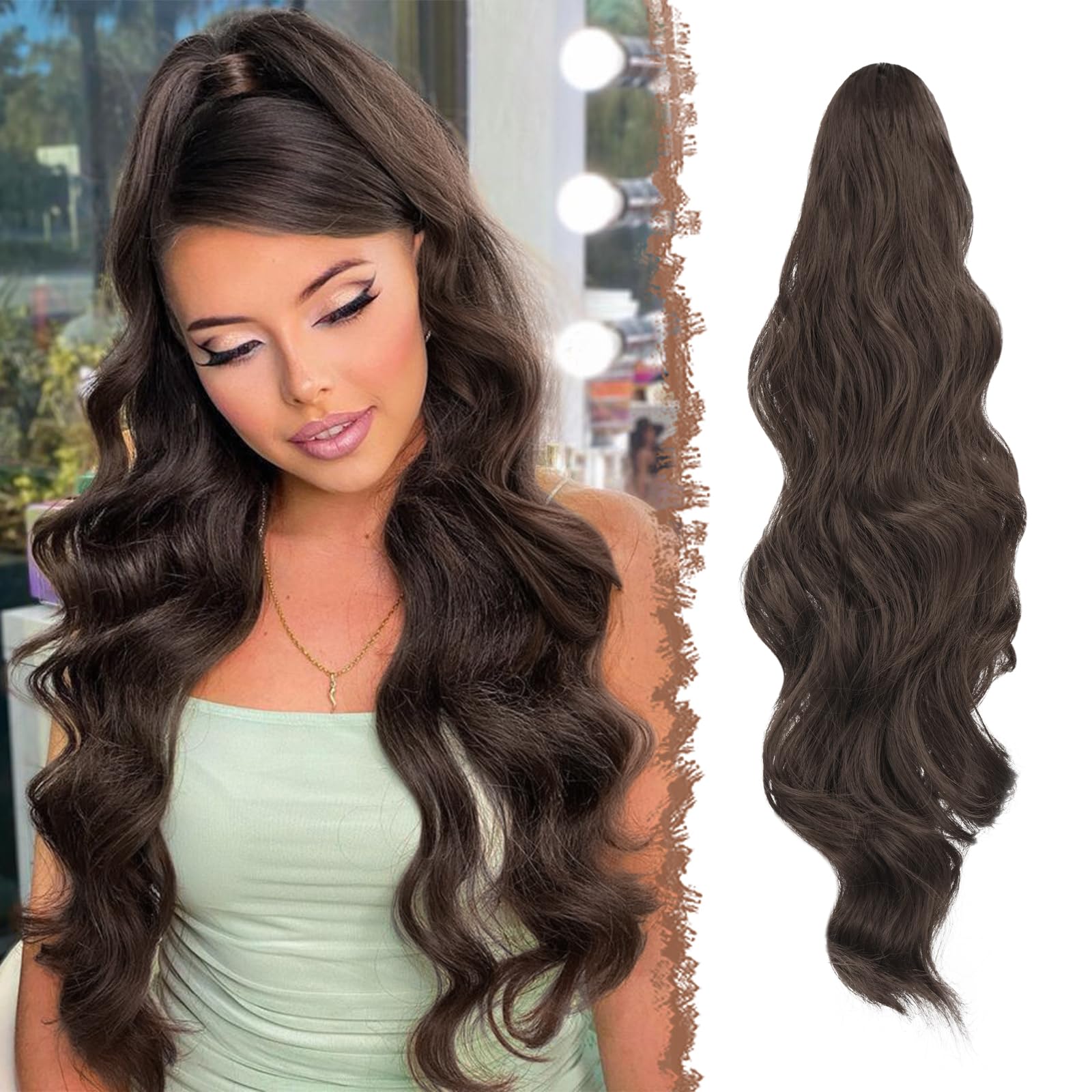FESHFEN Extension Coda Capelli Lunga Castano Medio Posticci per Capelli Ondulati Ricci Coda Cavallo Capelli Extensions Finta per Donne, 60 cm