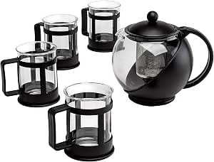 Primula Half Moon Glass Teapot Set with 4 Tea Cups, Infuser, and Dishwasher Safe - 40 Ounce