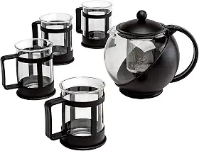 Primula Conjunto de bule de meia lua com 4 xícaras de chá, filtro e infusor de aço inoxidável removível, máquina de chá de vidro, filtro, lavável na lava-louças, 1,134 g, conjunto de chá para serviço de 4 adultos