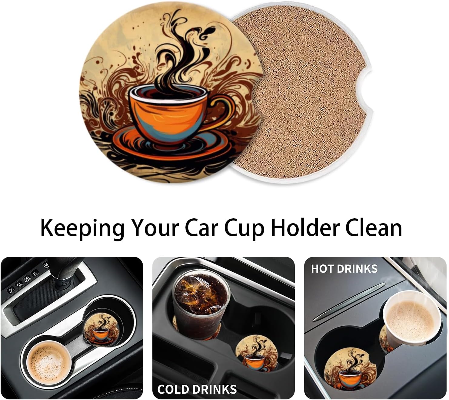 Cup Holder for Car,Coffee Cup in Art Ceramic Coasters Non-Slip Cup Holder Insert with Fingertip Grip, Auto Interior Accessories for Women & Men,Pack of 2, 2.56In image 5