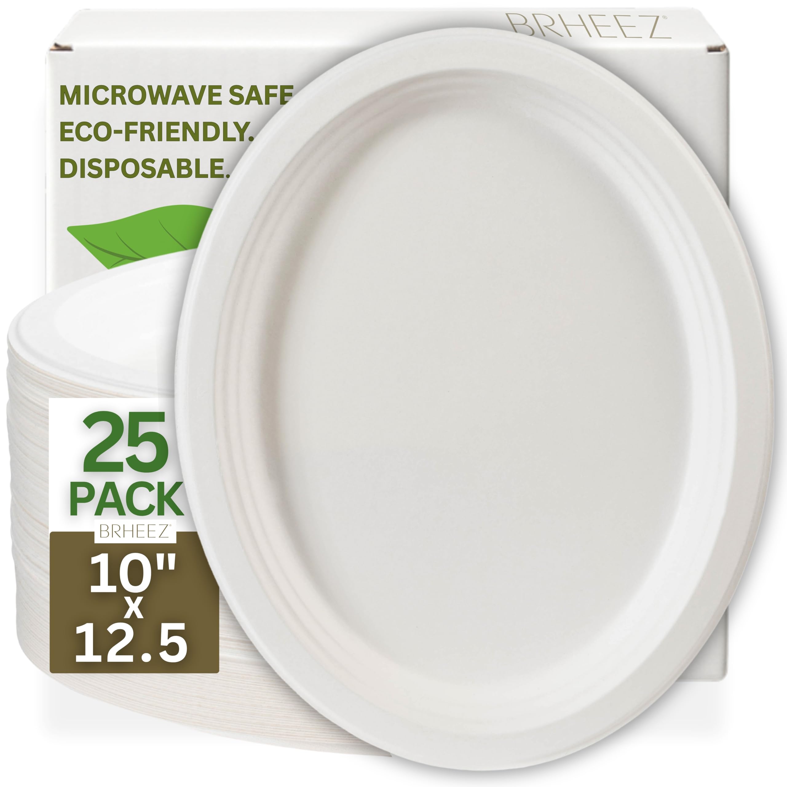 brheez Disposable Oval Dinner Plates 25 Pack (10"x12.5") Bagasse Natural Compostable Large Oval Disposable Platters - More Heavy Duty Than Paper Plates