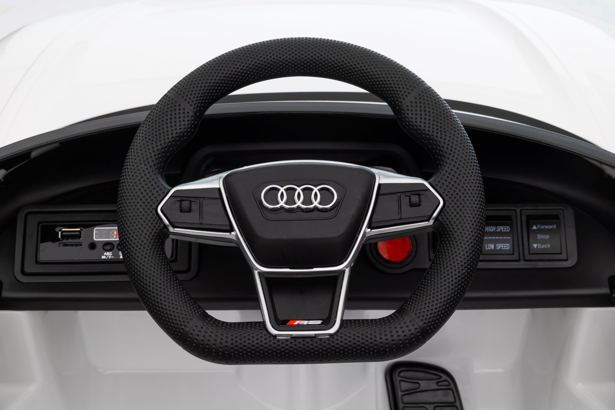 FINOOS Kinder Elektroauto Audi RS-e-tron 12V Kinderauto mit 2,4 GHz Fernbedienung, Kinderfahrzeug mit Hupe, LED, Musik, Sanftstart, Elektrofahrzeug mit Hilfsrad, für 1-4 Jahre Kinder (Weiß)