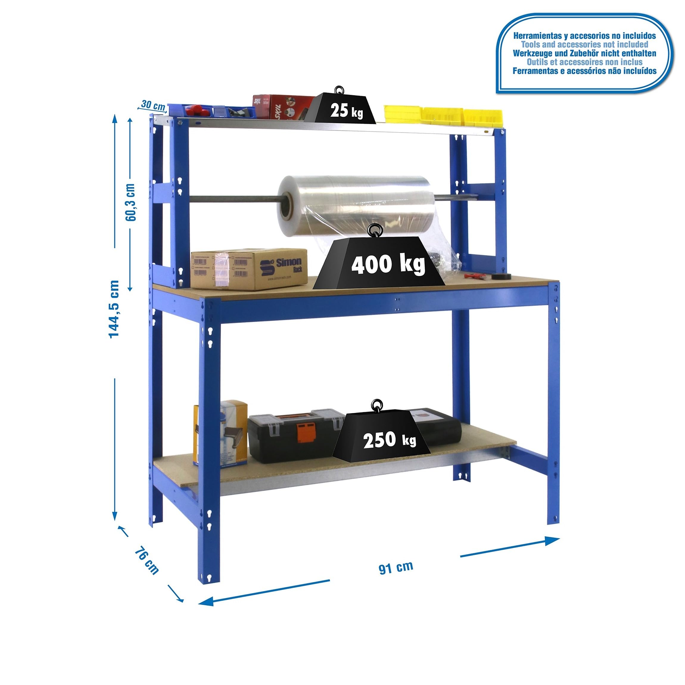 Simon Rack Banco de Trabajo con Porta Rollo 910x760 mm - BT4 | Porta Rollo, Tablero madera 16 mm, Capacidad Carga 400 kg, Azul , Pintura anticorrosión, Montaje sistema clic