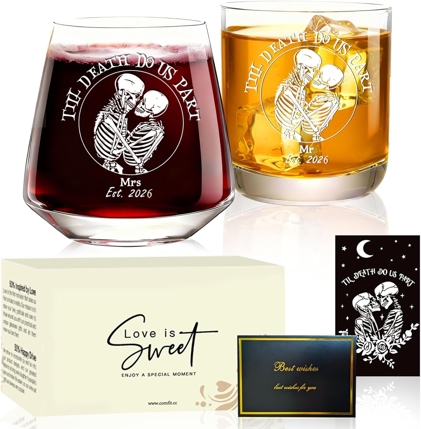 Skull Hand Wine Glass Set for Couples – Gothic Bride & Groom Romantic Anniversary Present– Till Death Do Us Part Glasses for Boyfriend Girlfriend – Unique Wedding Engagement Gift Set of 2
