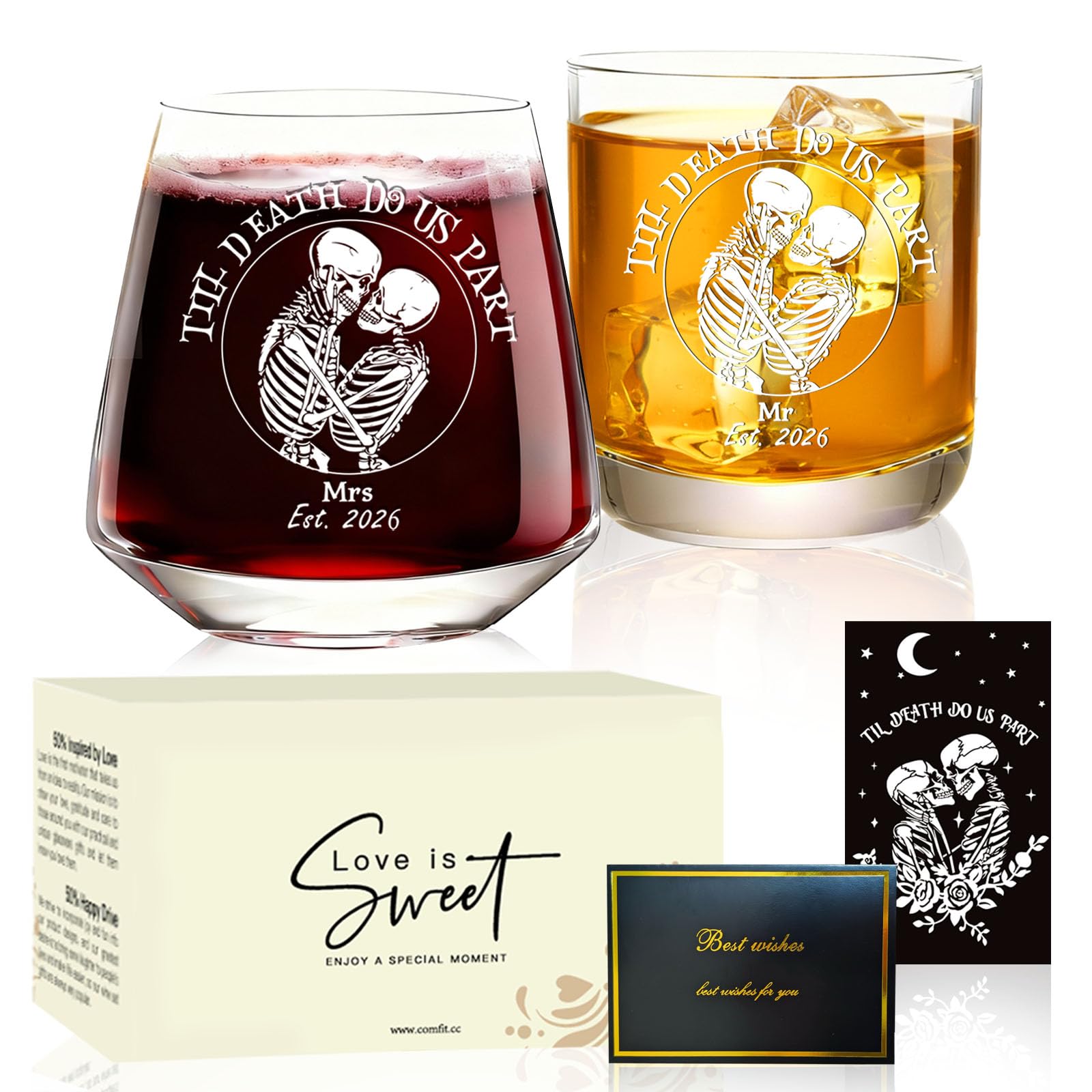 Skull Wine Glass Set for Couples – Gothic Bride &amp; Groom Romantic Anniversary Present – Till Death Do Us Part Glasses for Boyfriend Girlfriend – Unique Wedding Engagement Gift Set of 2