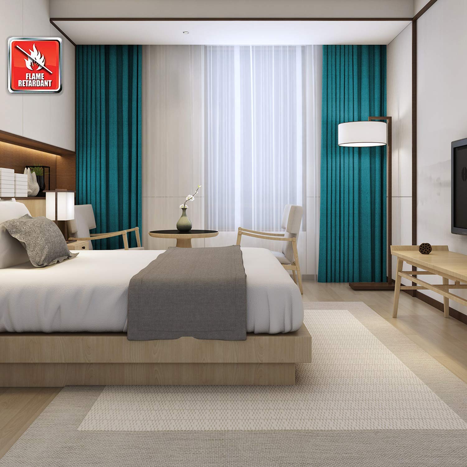 Tende oscuranti isolanti termiche blu Saxony, resistenti al fuoco e ignifughe, 213,4 x 259 cm (larghezza x lunghezza), ideali per casa, ufficio, hotel e cinema, con occhielli in bronzo (1 pannello)