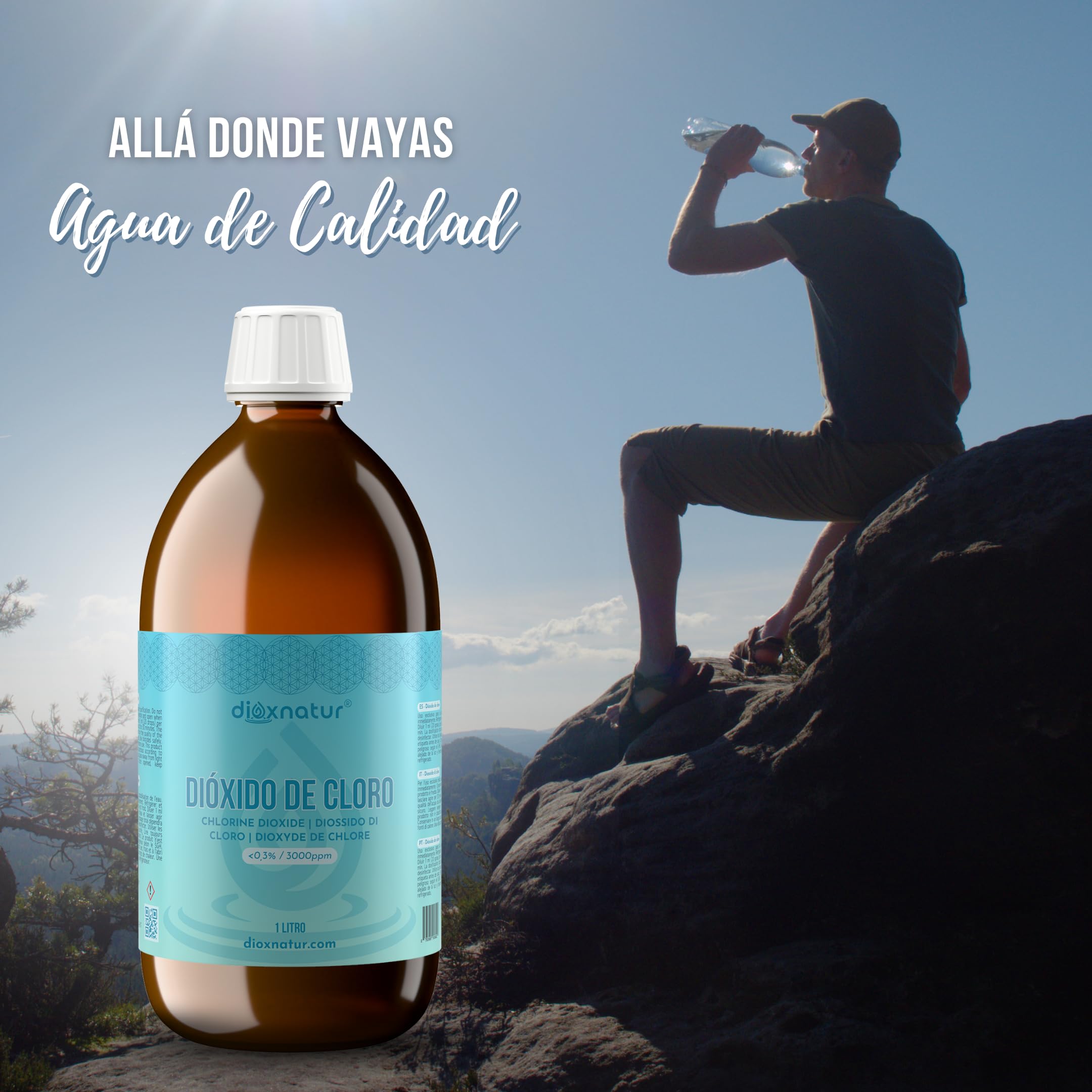 Dióxido de Cloro 3000 ppm 1 litro CDS 0.3% Botella de Vidrio Ámbar con Gotero y Jeringuilla