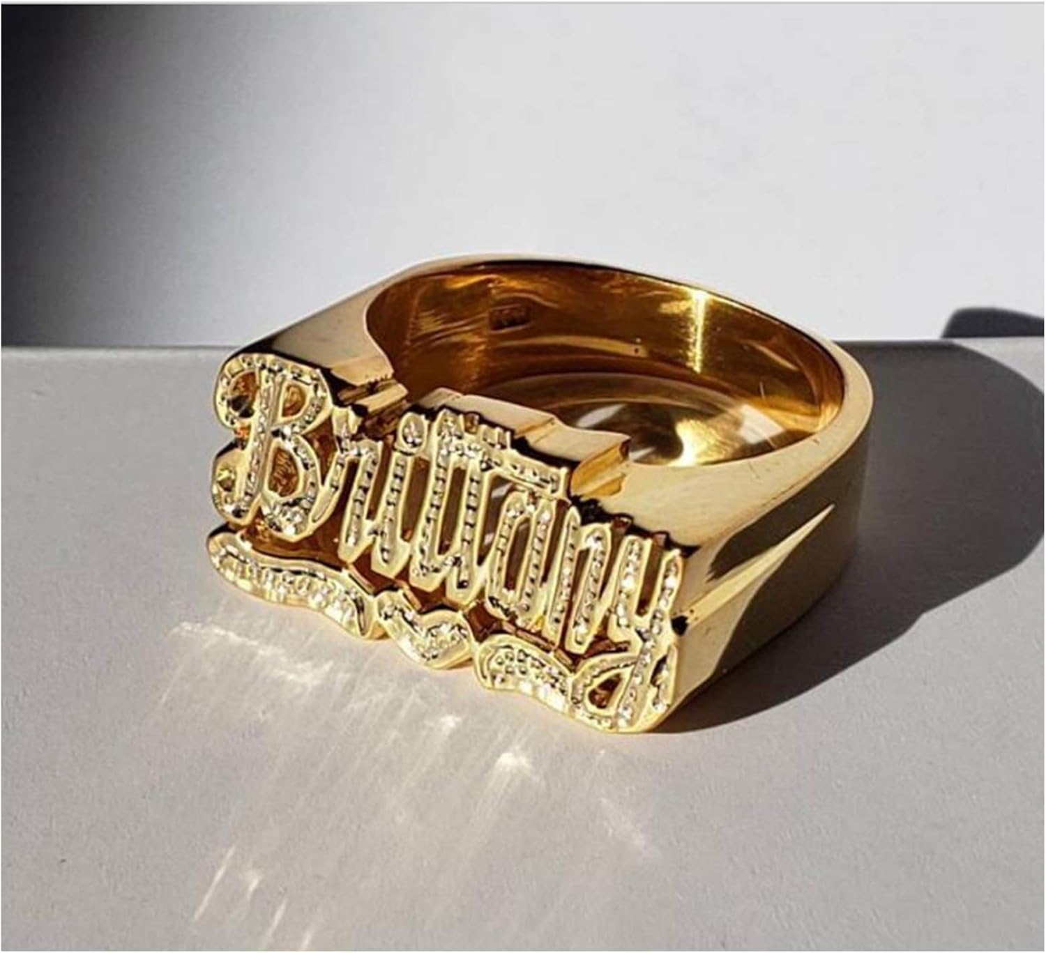 BlingSparkle Personalized Name Ring - Unisex Letter Initial With Heart Custom Gold-Plated Copper Nameplate for Women Girls