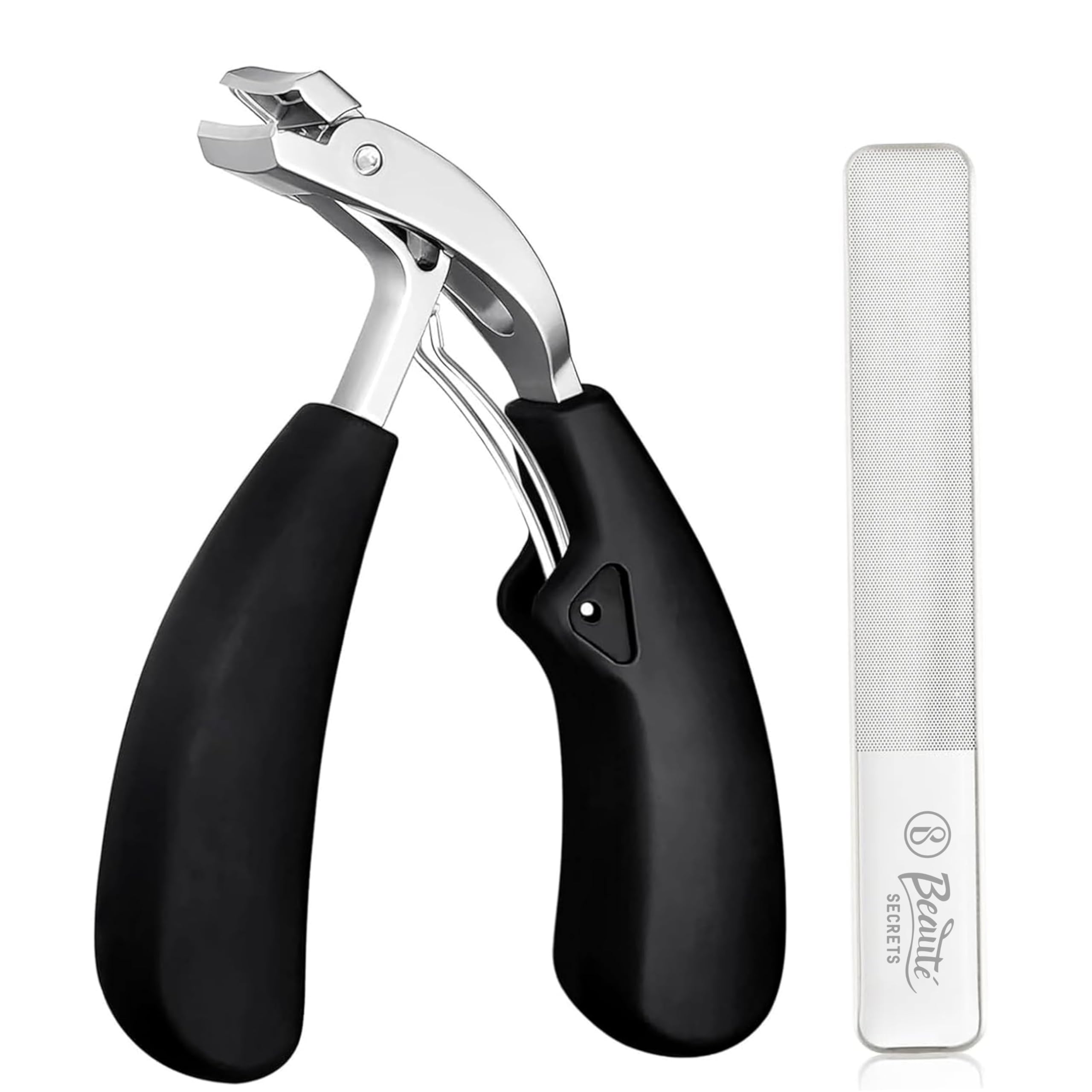 Beauté Secrets Nail Cutter Set - Toe Nail Clipper for Thick or Ingrown Toenails - Professional Nail Clipper with Nail Filer - Men & Women & Seniors - Black Stainless Steel