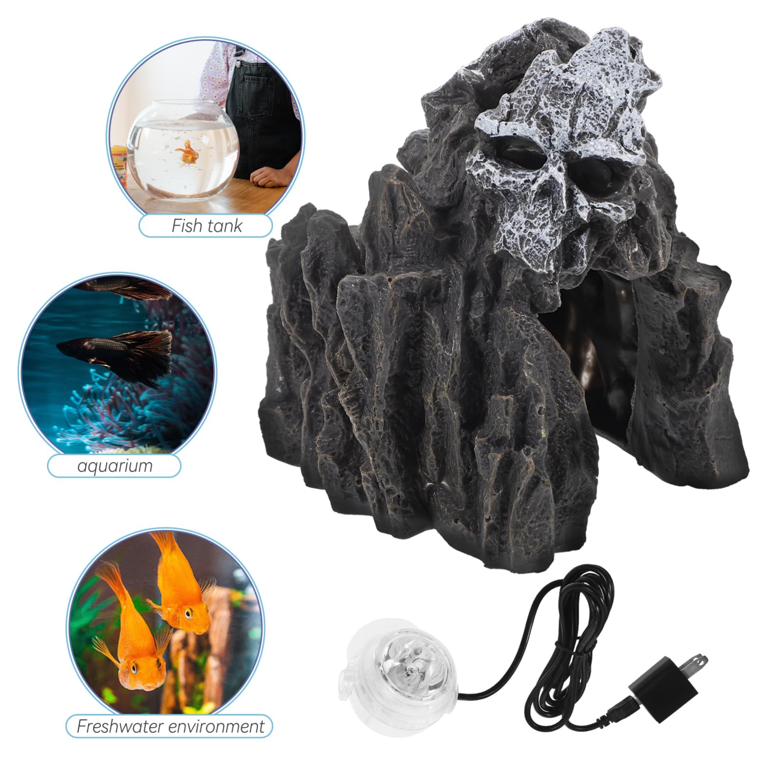 Figurine Crâne Décorative, Grotte Noire en Résine pour Aquarium Halloween | Abri pour Aquarium, Pierres Artificielles pour Aquarium, pour Crevette Aquarium, Lampe Incluse