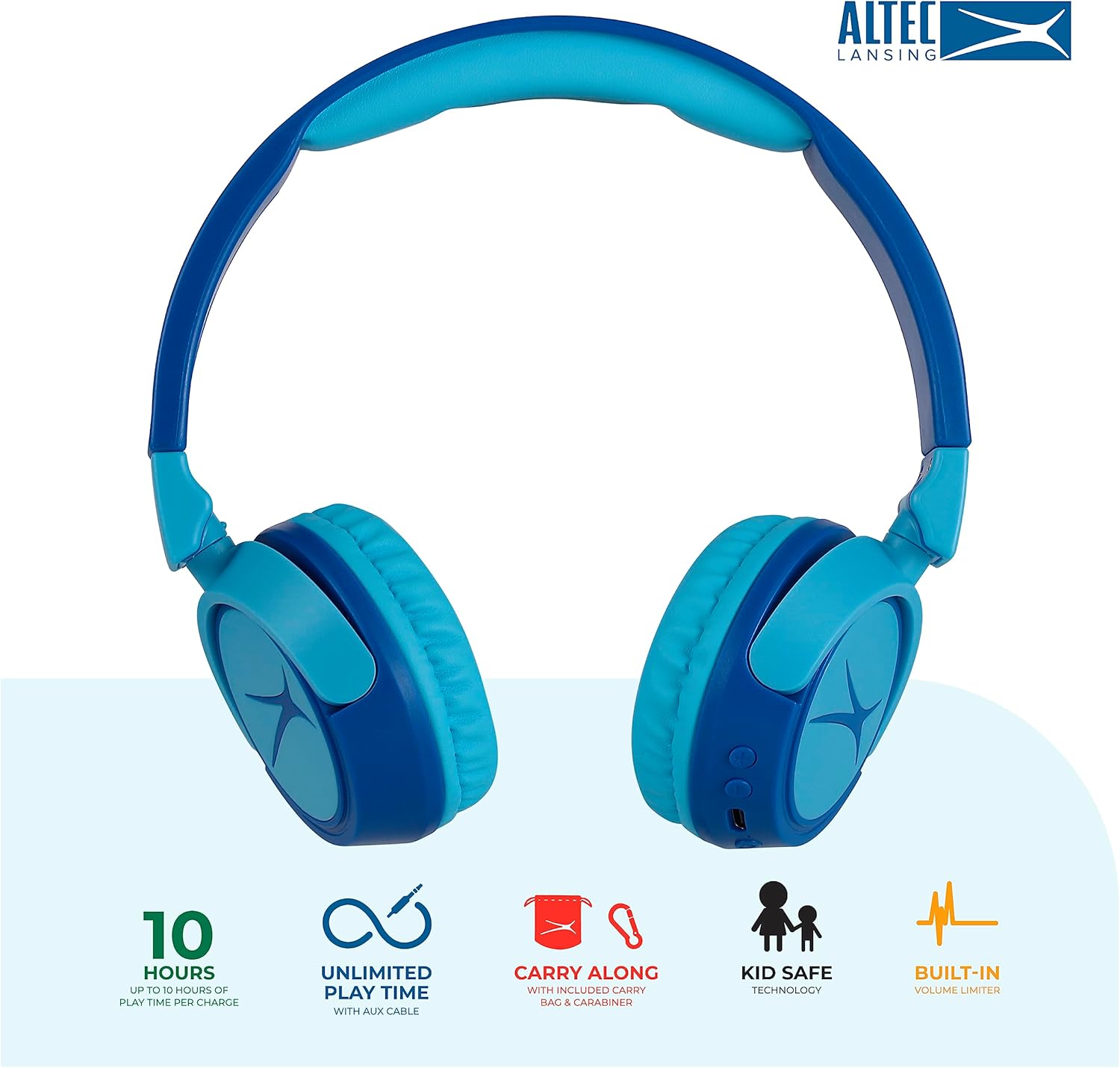 Altec Lansing Kid Safe Headphones with feature icons: 10 hours battery, unlimited play time with aux cable, carry along with included bag & carabiner, kid safe technology, built-in volume limiter.