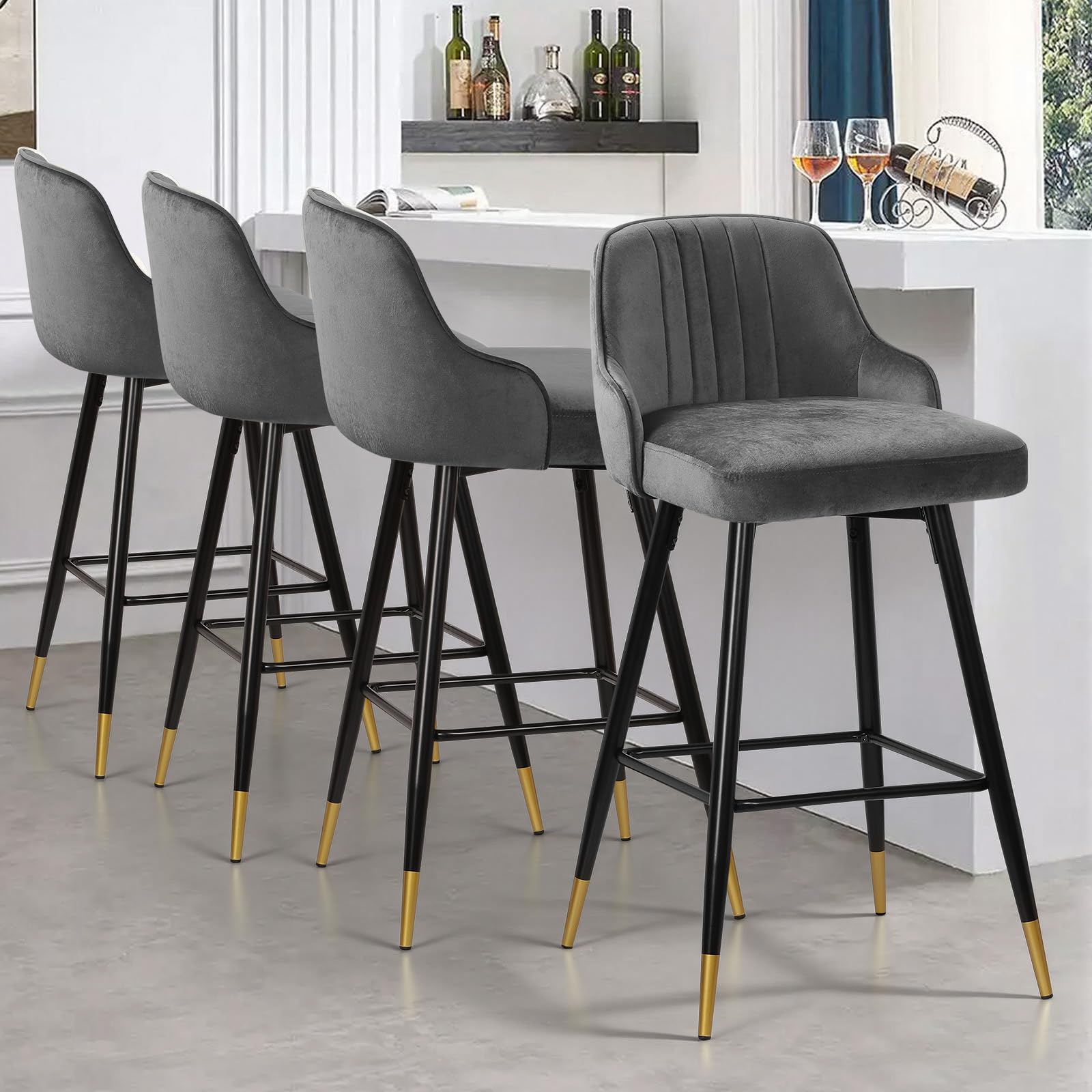 Bekrvio Swivel Bar Stools Set of 4, 74cm Bar Height Velvet Stools with Back, Upholstered Breakfast Chairs, Metal Frame, Support 150kg, Ideal for 105–110cm Counters