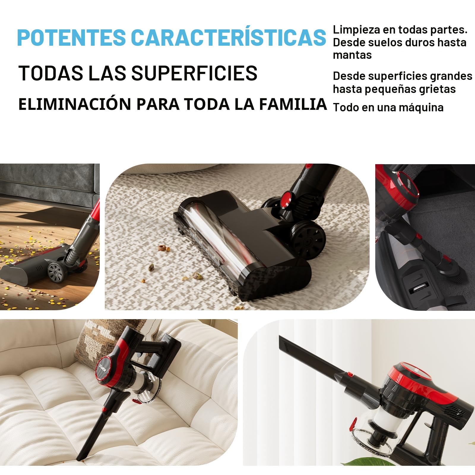 Stanew Aspiradora sin Cable, 22.2V 150W Aspirador de Mano, 4 en 1 Inalámbrica con Autonomía 40 Mins y Filtro HEPA, Aspirador Escoba para Hogar Suelos, Alfombras, Pelo de Mascotas