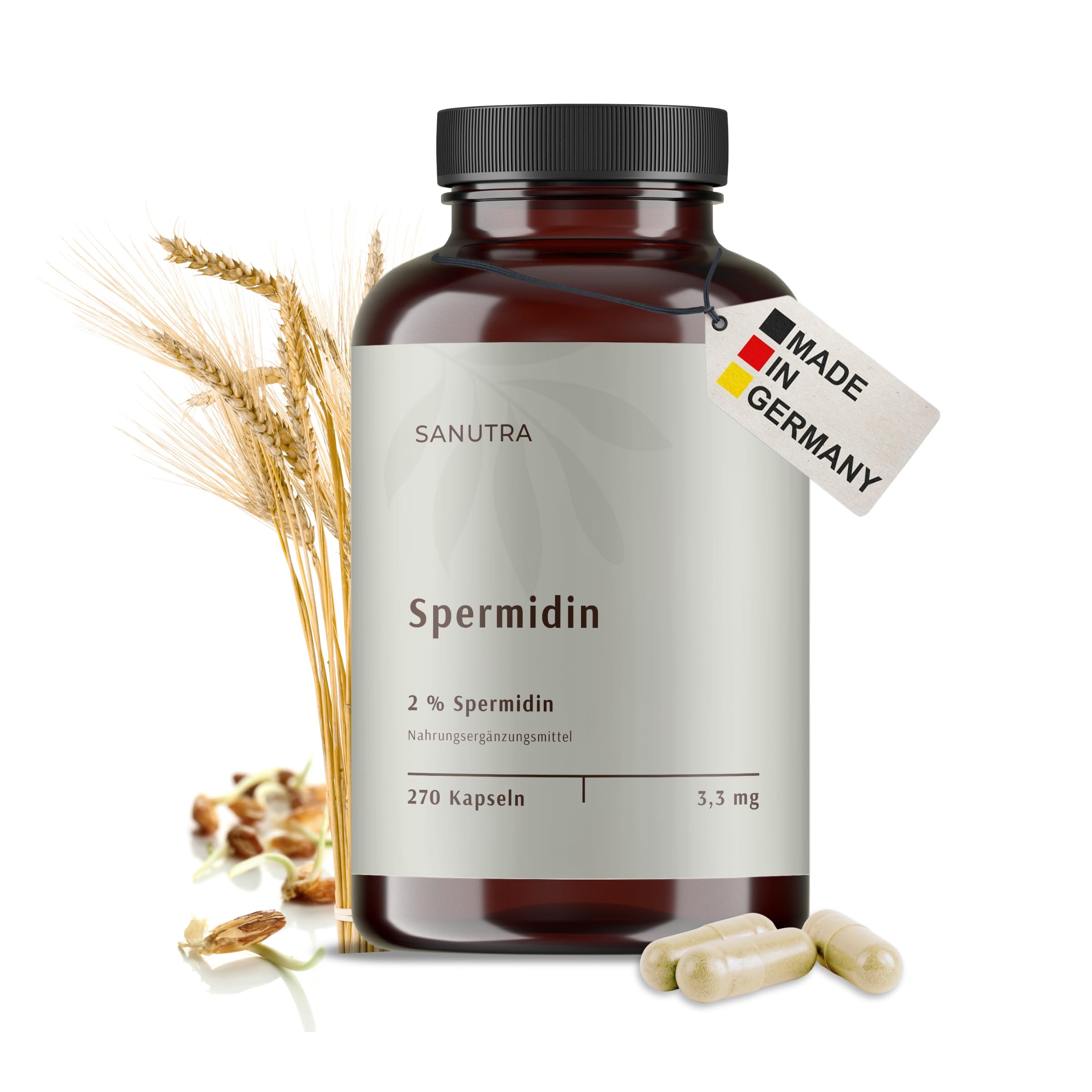 SANUTRA® Spermidine Gélules – Extrait de germe de blé 2%, 3,3 mg par gélule, véganes, sans additifs – 270 gélules de 165 mg
