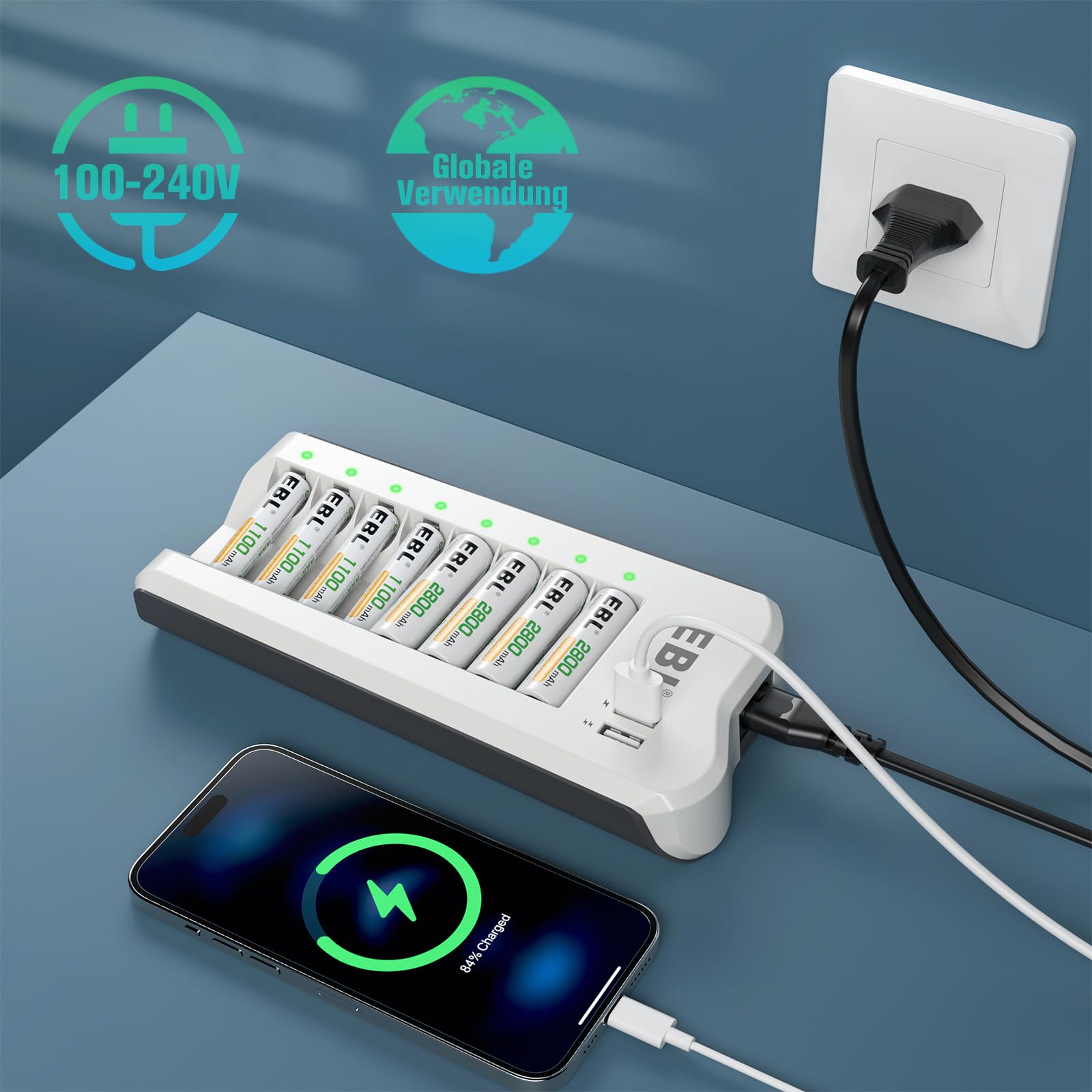 EBL Akku ladegerät mit AA Akku 2800mAh 8 Stück - Batterieladegerät mit 2-USB Port für AA, AAA, NI-MH Akkus und USB Geräte, Multischutz, LED Anzeige für Akkus