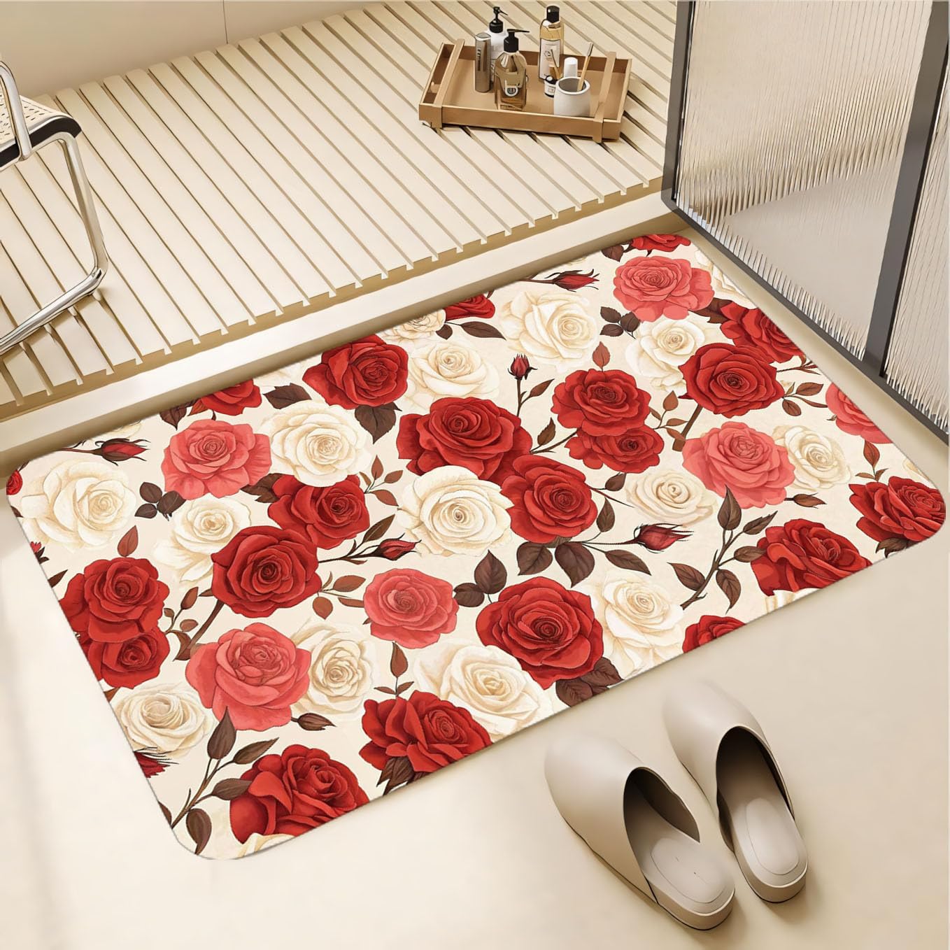 Red & White Roses Area Rug - Washable Flannel Carpet with Non-Slip Backing, 24x36inch Seamless Floral Rug for Living Room Bedroom Home Decor