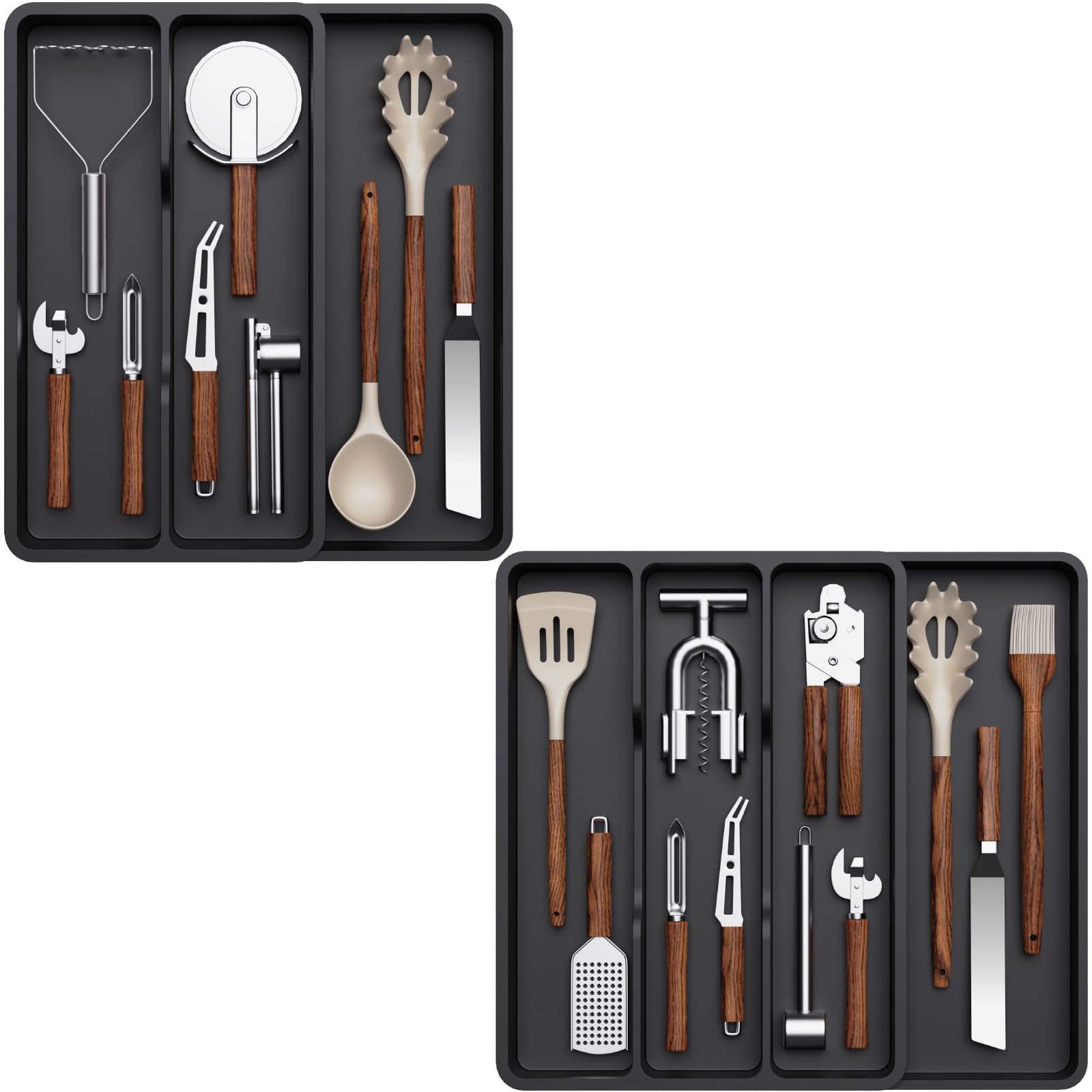 Lifewit Organizador Menaje de Cocina, 3 Compartimentos Bandeja Cubiertos Extensible Cajon y 4 Compartimentos Soporte Utensilios para Encimera, Separador Herramientas para Bandeja Armario, Negro