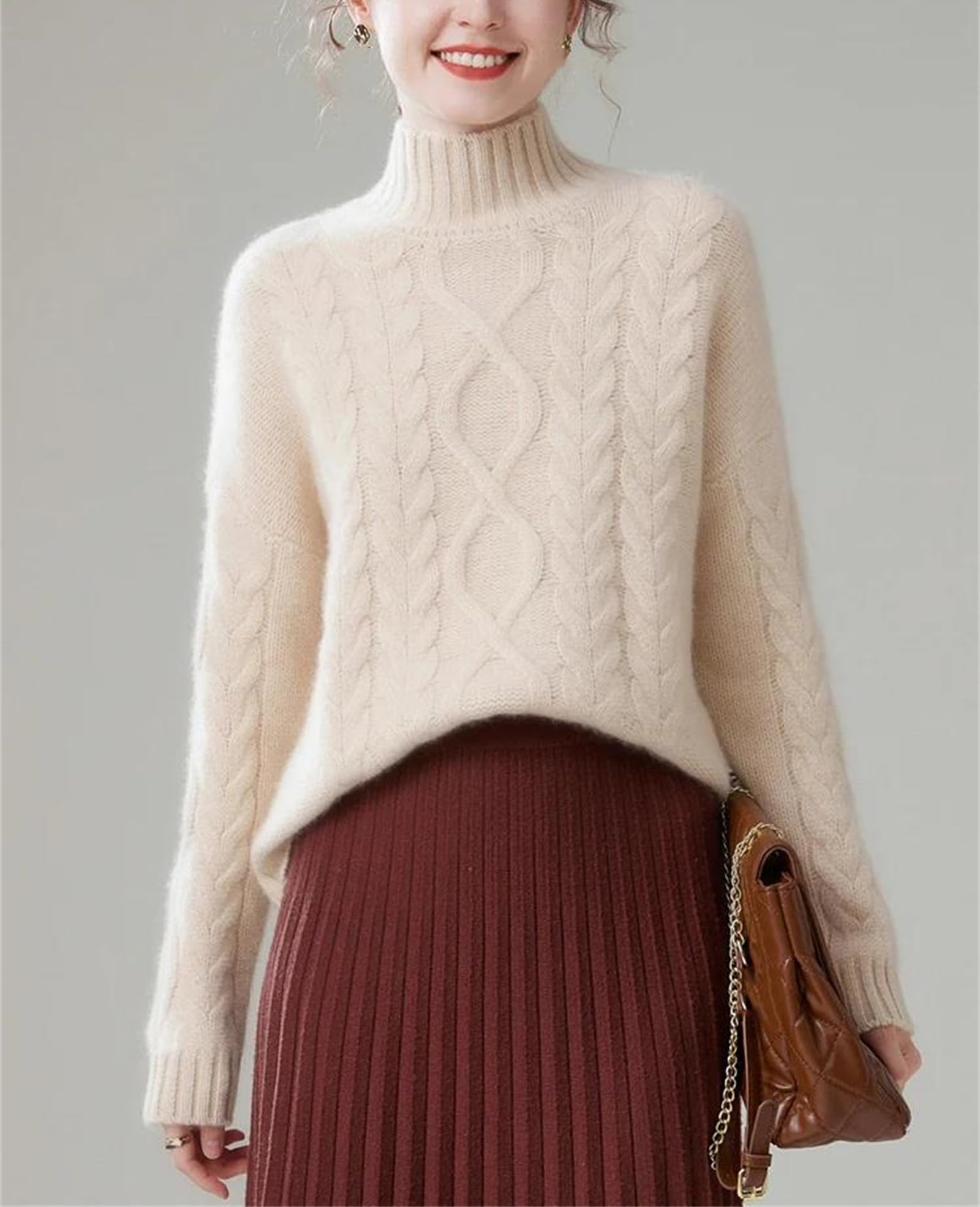 Maglione casual da donna, per l'inverno, lavorato a maglia, con collo a lupetto