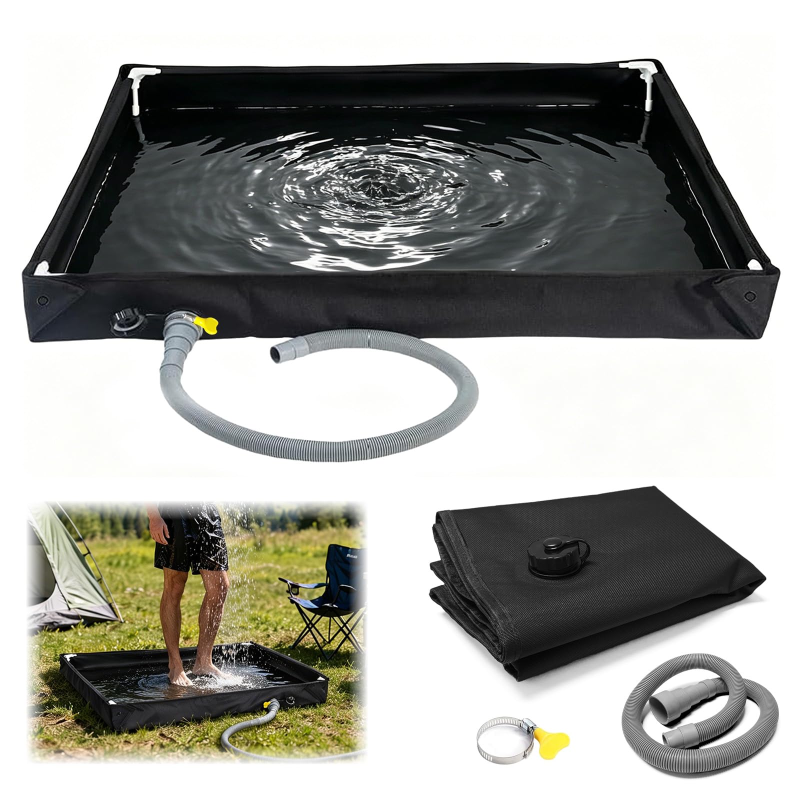 Bac à douche pliable 80x80x10 cm, bac à douche portable avec tuyau d’évacuation, bâche de tente de toit imperméable Oxford durable pour l’intérieur et l’extérieur, base de douche de camping pour plage