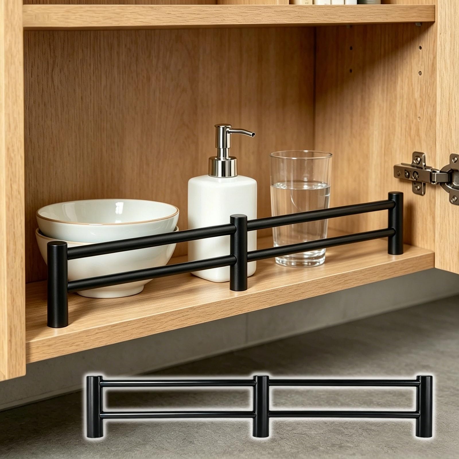 Metal Shelf Guard Rail with Double Rod Design, 304 Stainless Steel Cabinet Barrier, Prevents Sliding & Falling for Display Shelves(Black,37in/94cm)