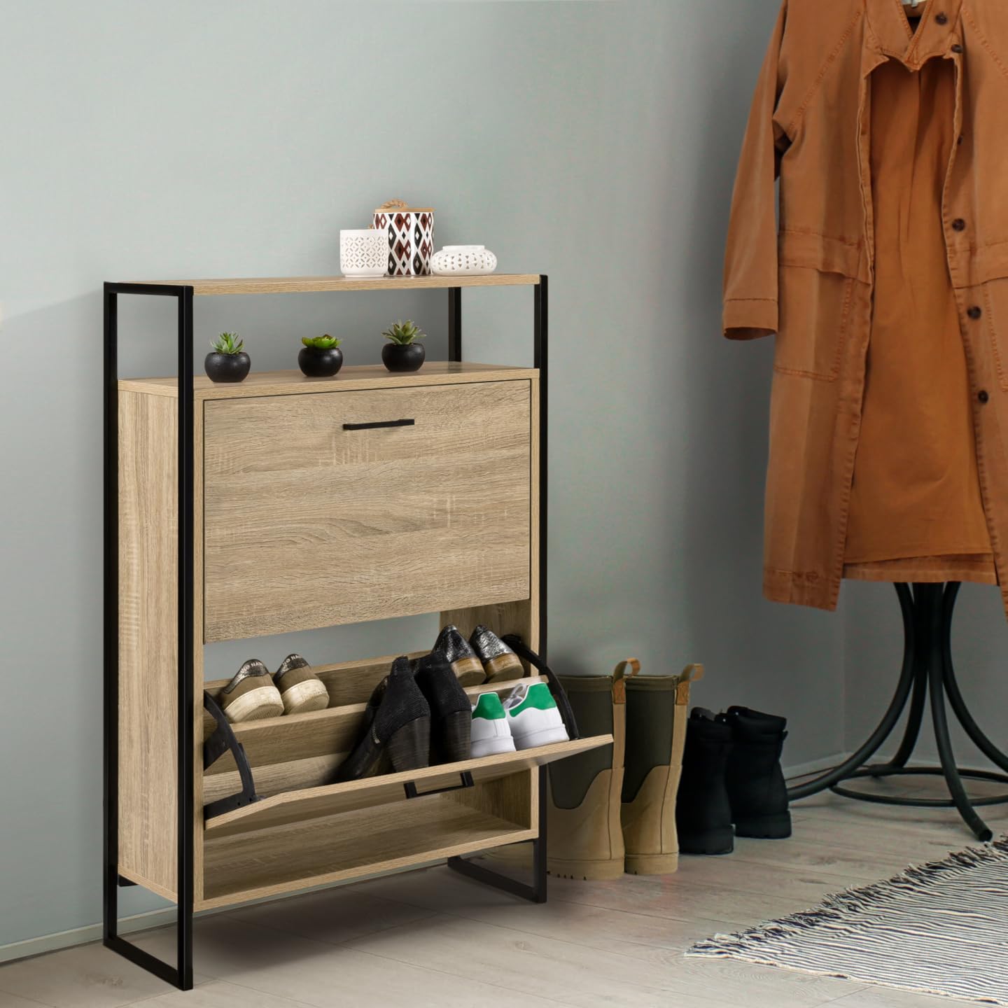 IDMarket LUIS - Zapatero 12 pares de 2 puertas con estante superior de diseño industrial