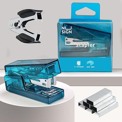 Mini grapadora con grapas, pequeña engrapadora transparente, capacidad de 25 hojas, incluye 640 grapas y removedor de grapas, fácil de transportar y
