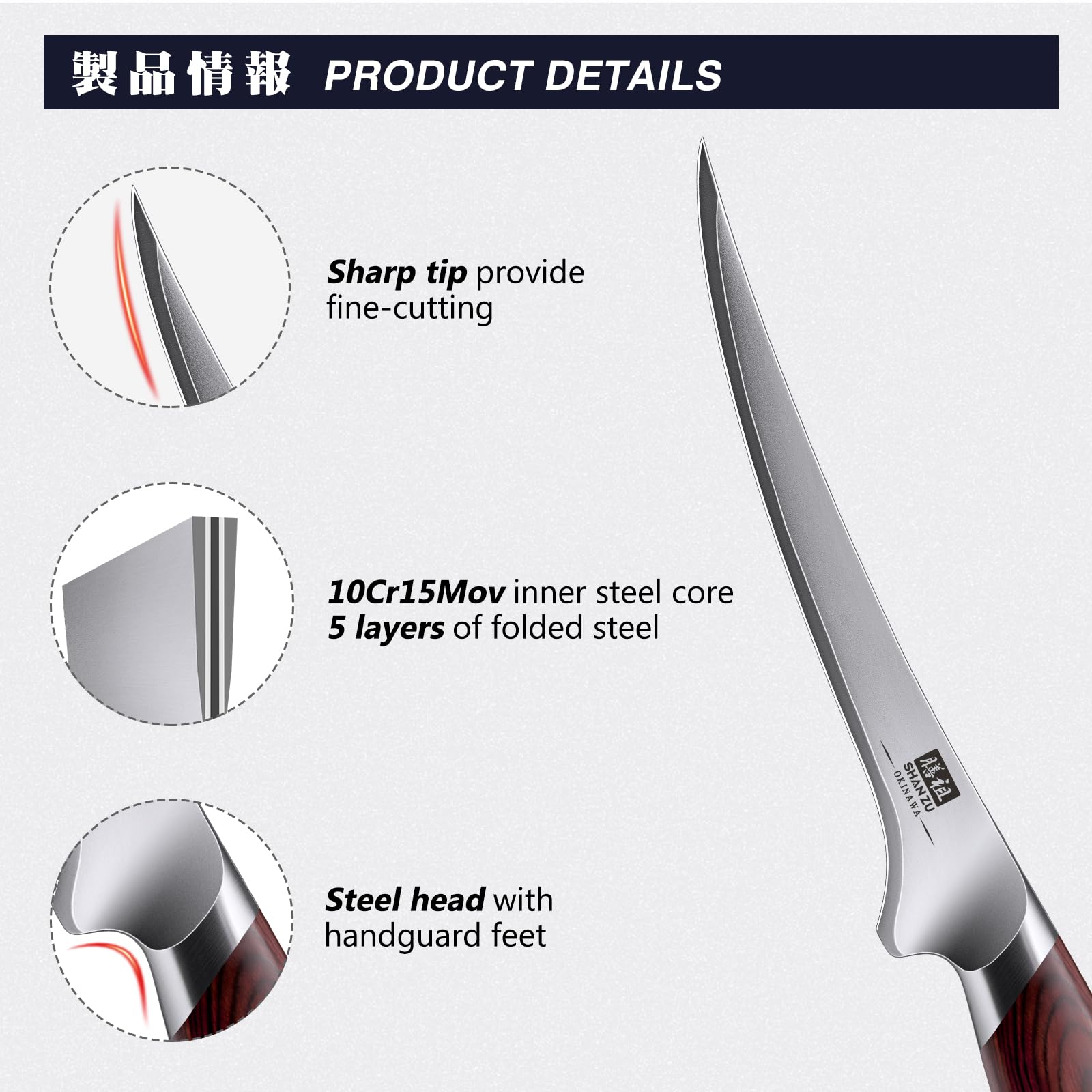 SHAN ZU Couteau à Filet de Poisson Professionnel - Couteau à Désosser Flexible 18 cm en Acier Japonais 10Cr15MoV (62 HRC) - Pour Filetage, Cuisine et Viande, Manche Pakkawood Ergonomique Antidérapant