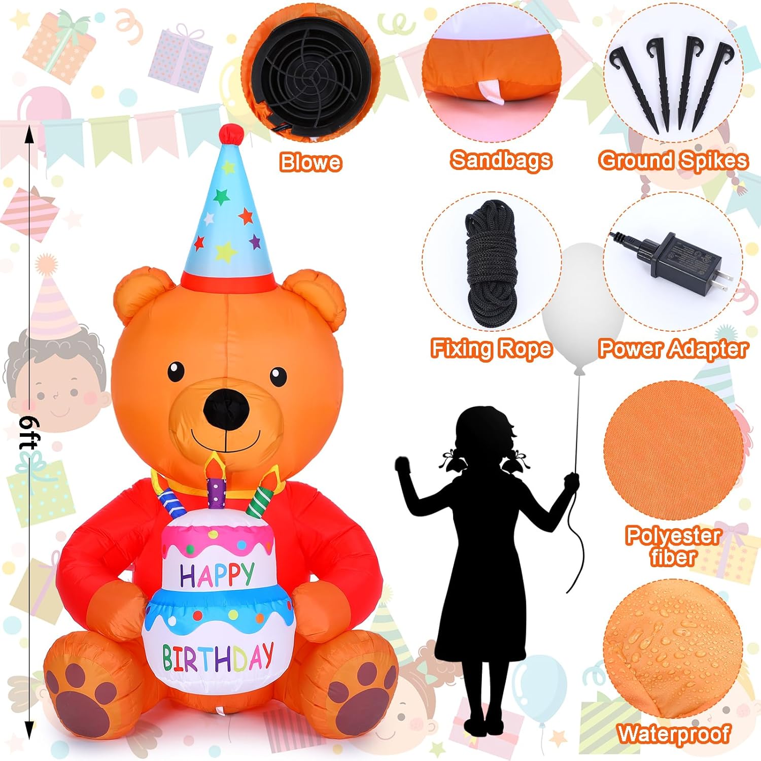 WinnerWhy 6 ft Inflatable Birthday Bear with Cake and Hat Outdoor Decorations Lighted Blow up Birthday Party Decorations LED Lights for Yard Garden Lawn Holiday Party Indoor Home Decor