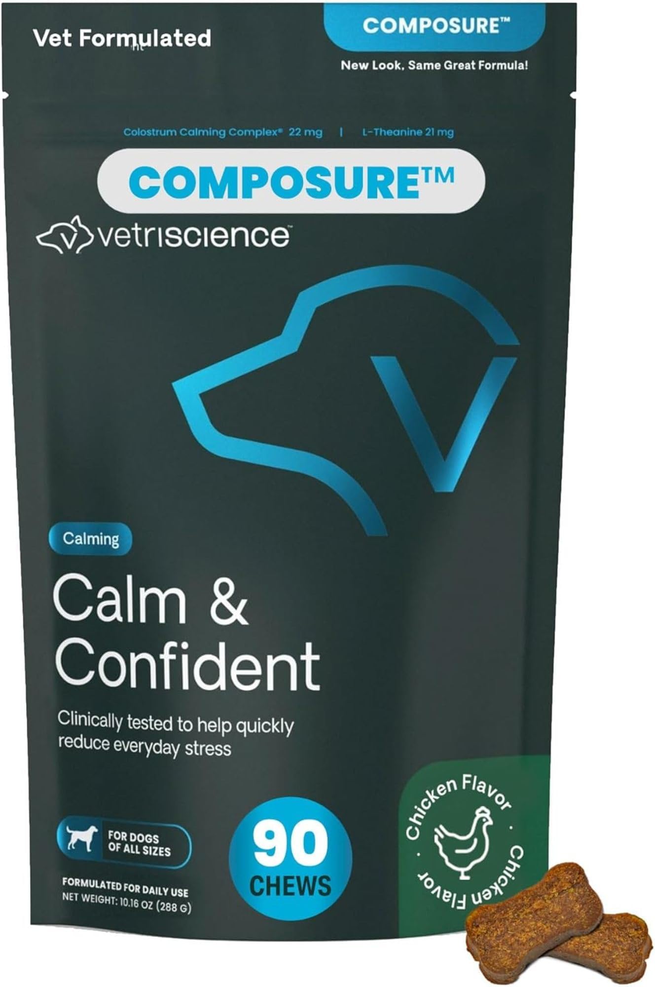 VetriScience Calm & Confident Chews, Composure Clinically Tested Calming & Anxiety Ashwagandha Supplement for Dogs, Stress Relief, Separation Anxiety, Behavior Support, Chicken, 90 Count