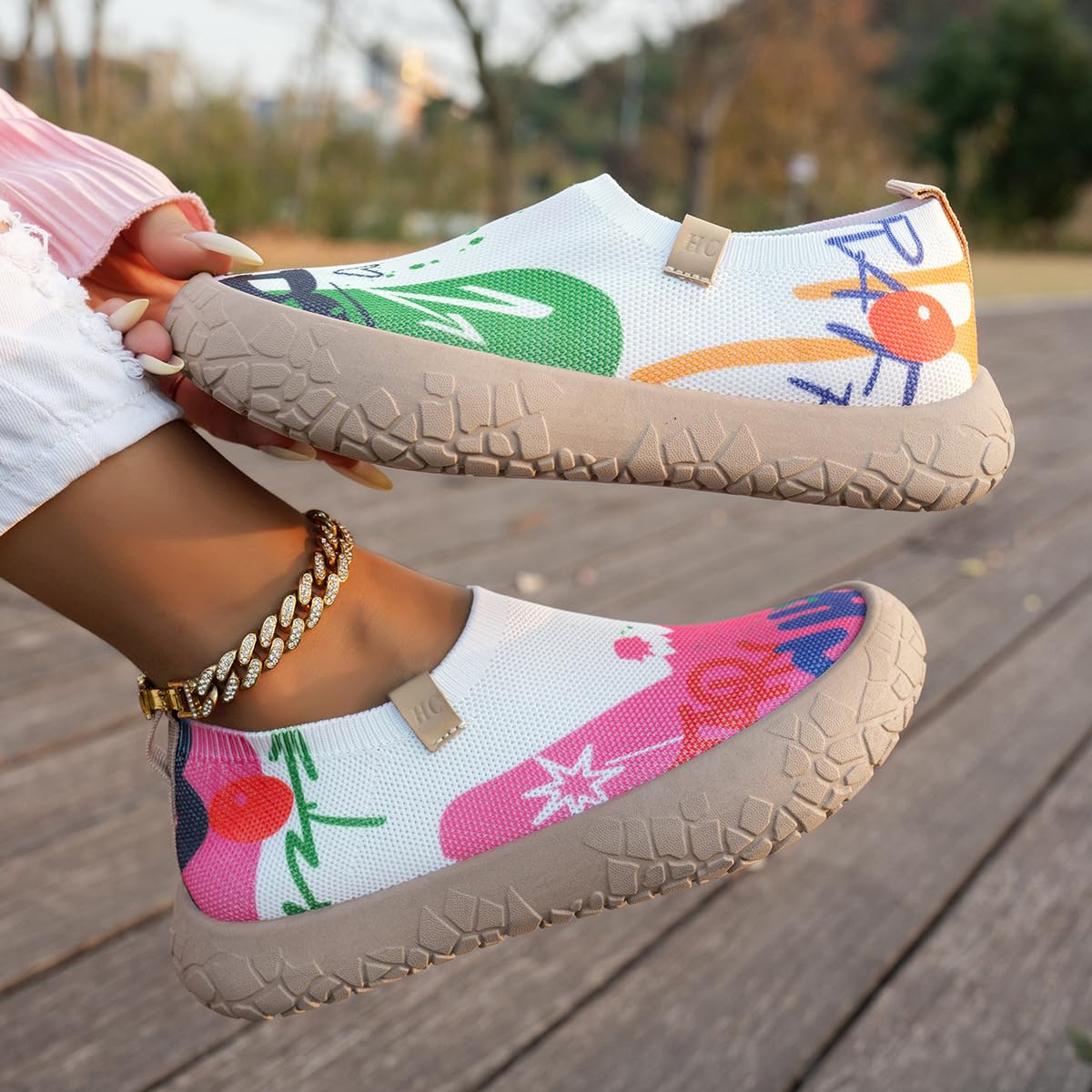 Mocasines de punto pintados con arte para mujer, zapatos casuales para caminar