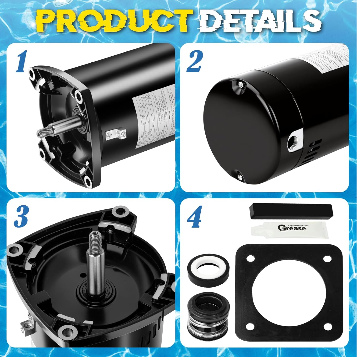 USQ1102 Pool Pump Motor 1HP, 48Y Frame Square Flange, 115/230V, 3450 RPM, 7.6/15.3A, Capacitor Start Single Speed, 1045 Steel Shaft, Fit for AO Smith/Hayward/Sta-Rite/Pentair Pool Pumps ASQ125