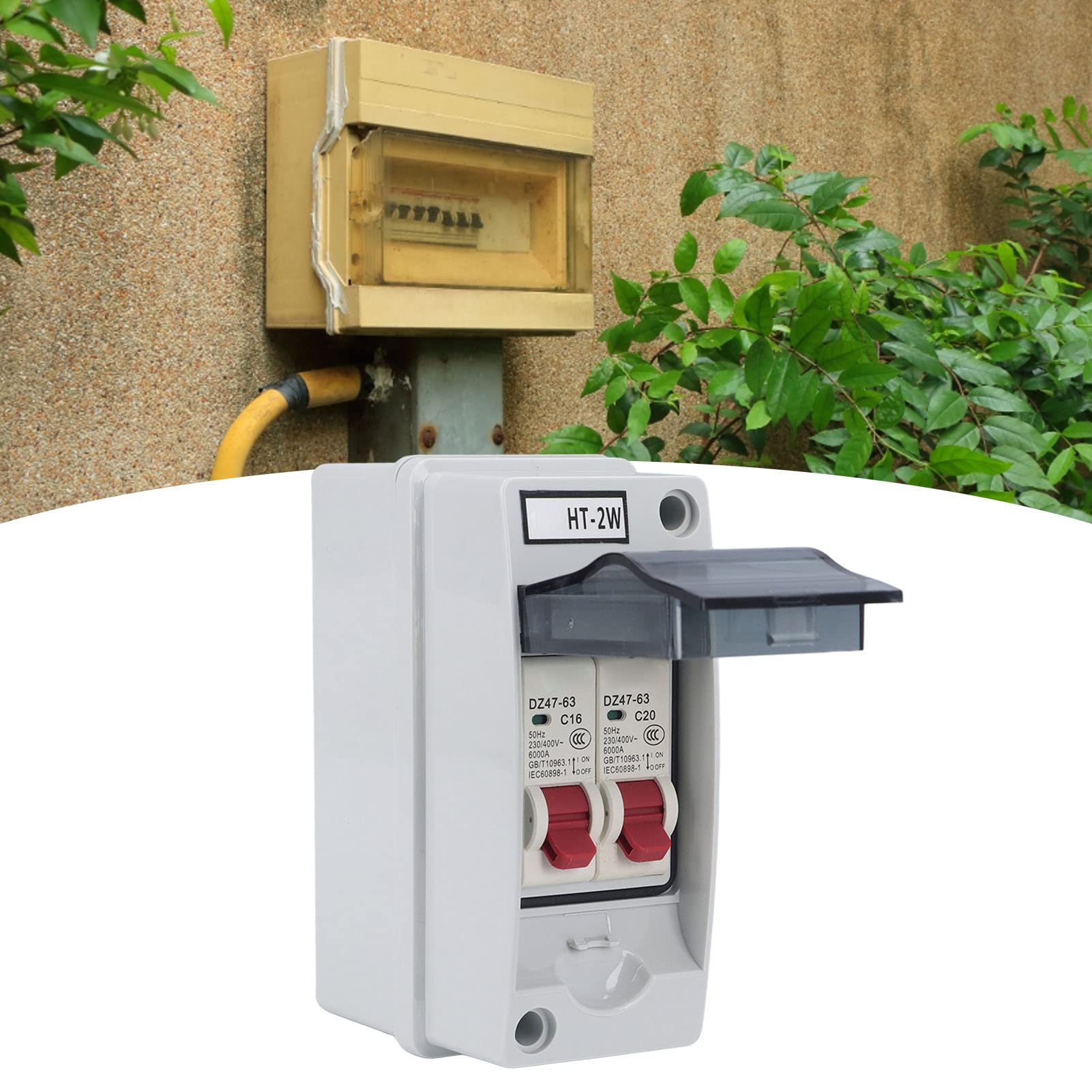 Interruttore automatico miniaturizzato AC 230V/400V con scatola di distribuzione impermeabile, 2 interruttori automatici 6/16/20A e 20a con scatola impermeabile per esterni, MCB su guida Din(20A+20A)
