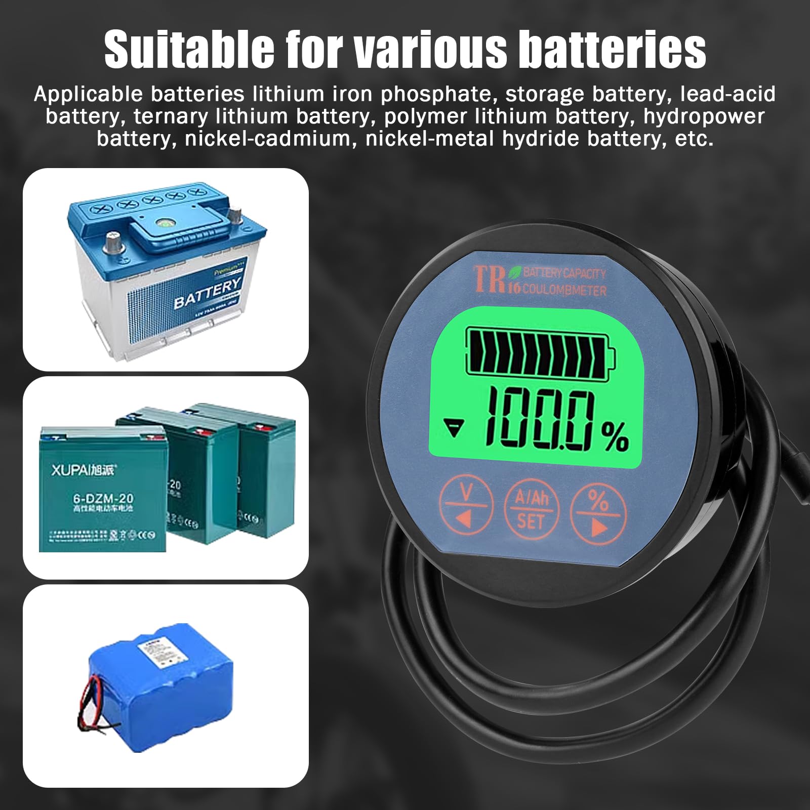 Batteriemonitor Tester, Voltmeter Amperemeter Wasserdichte Digitaler Tester Monitor mit LCD-Anzeige Batteriewächter mit 2m Kabel 8-120V 100A für Auto Motorboot Wohnmobil Solar