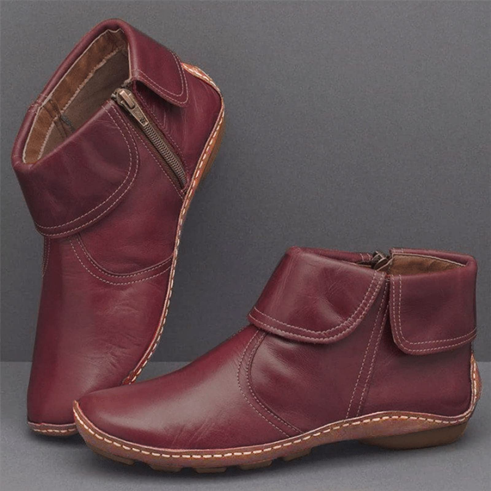 Bottes courtes en cuir synthétique pour femme - Bottines plates - Chaussures de travail - Bottes d'équitation - Bottes de travail - Bottes de randonnée