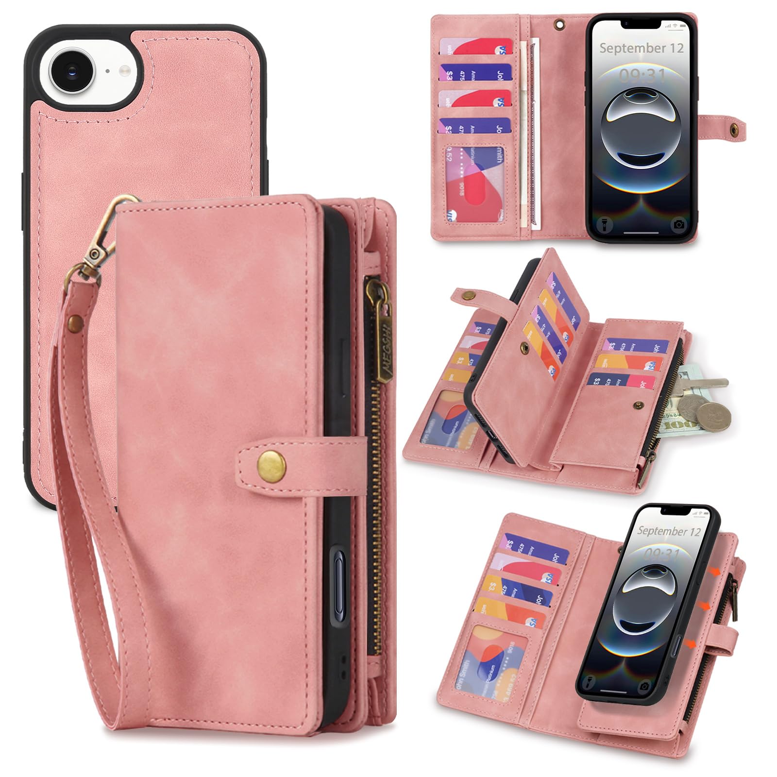 TwoHead Wallet Case Compatible with iPhone 16e 2025,Detachable Magnetic Phone Case,PU Leather All-Round Protective Case Wallet with Card Holder/Change