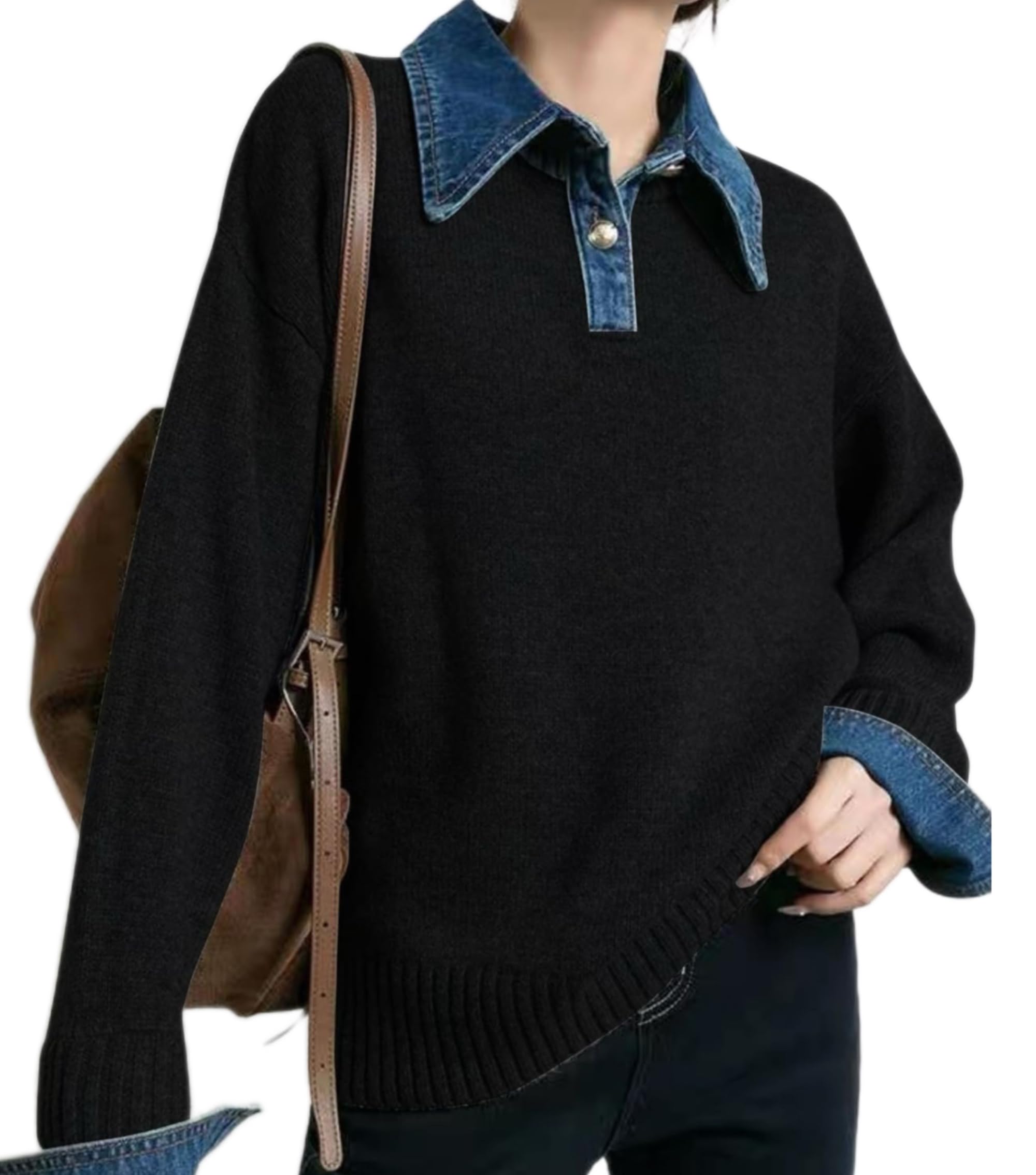 Womens Oversized Pullover Sweaters Long Sleeve Denim Panel Lapel Buttoned Loose V Neck Knit Sweater Tops
