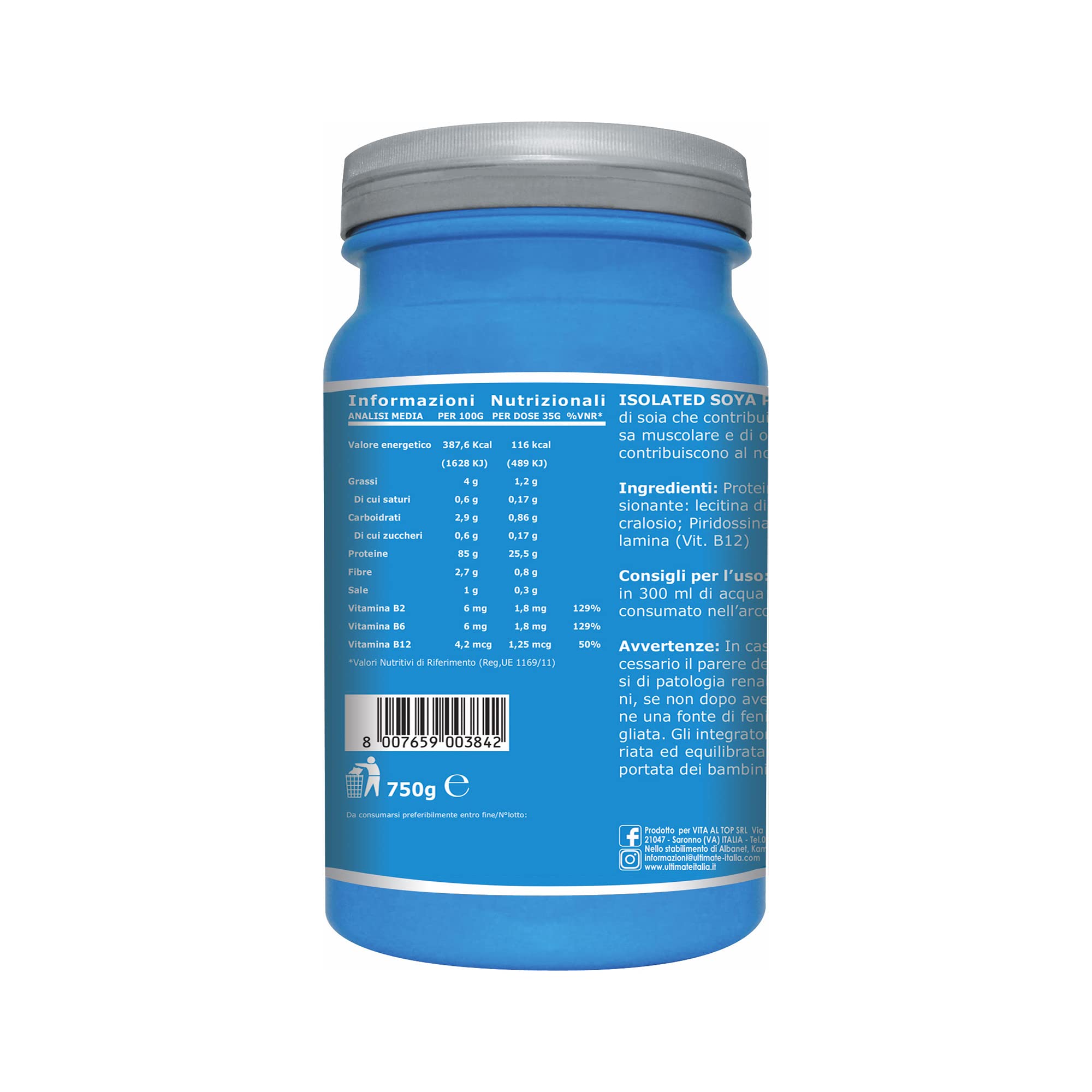 Ultimate Italia Isolated Soya Protein – Proteine Isolate della Soia - Bcaa, Arginina, Glutammina – Proteine 100% Vegetali – Ideale per Vegani e Intolleranti al Lattosio Gusto Cacao Cioccolato, 750 g