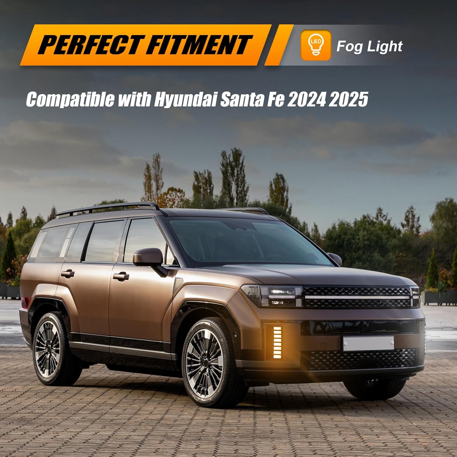 Front Bumper Fog Light Compatible with Hyundai Santa Fe 2024 2025, DRL Amber Sequential Turn Signal Lamp Kit