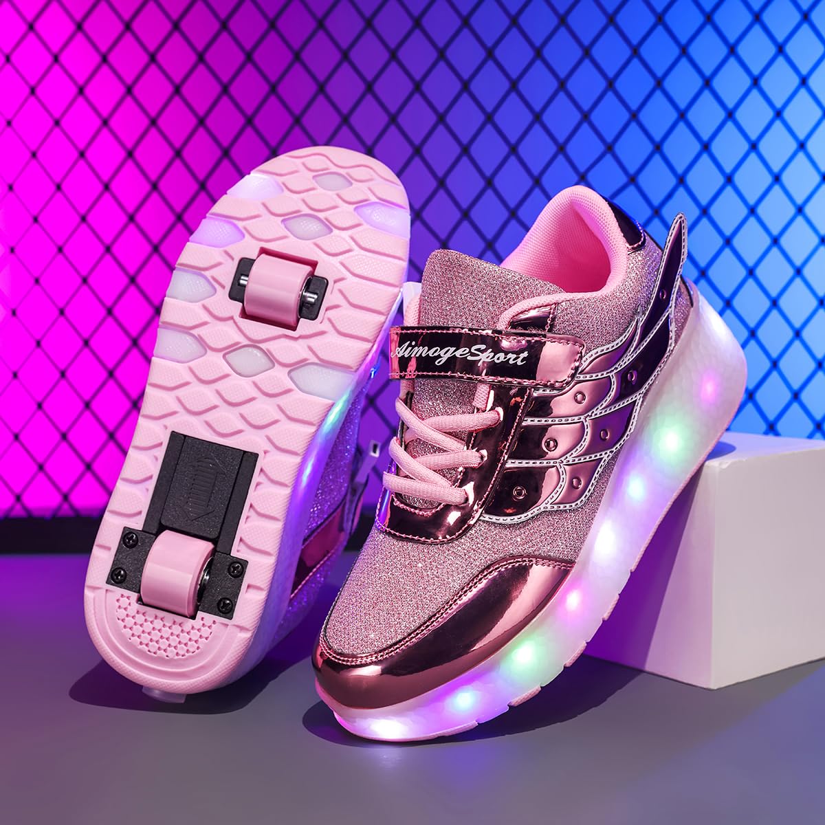 USB Recargar Skateboarding Zapatos Luces LED Coloridos Parpadeante Zapatos de Skate Rueda Doble Zapatillas Calzado Deportes de Exterior Gimnástico Sneakers Regalo de cumpleaños para niños