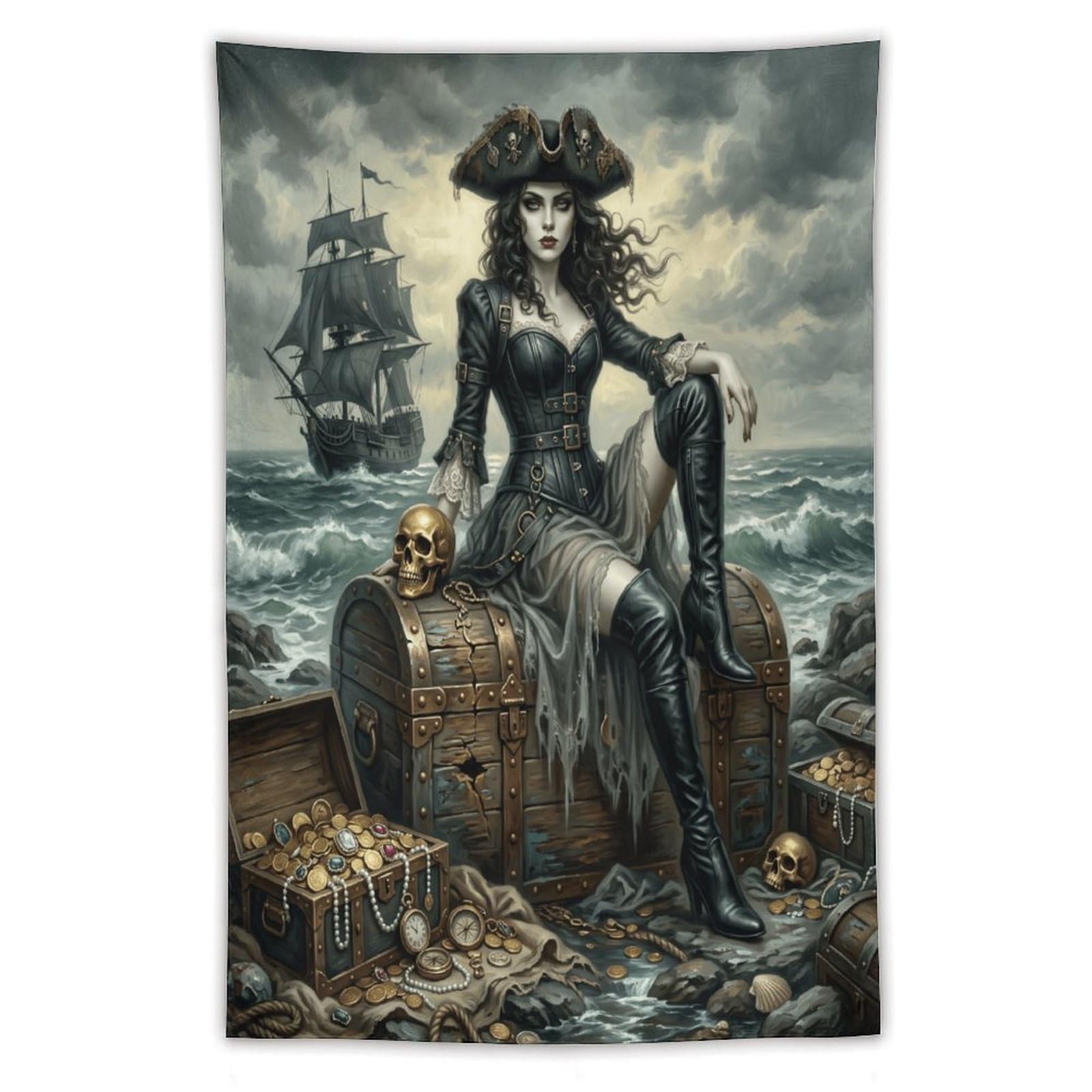 H3B8U2Y5 Pirate Queen Seaside Treasure Wall Tapestry, Adventure Fantasy