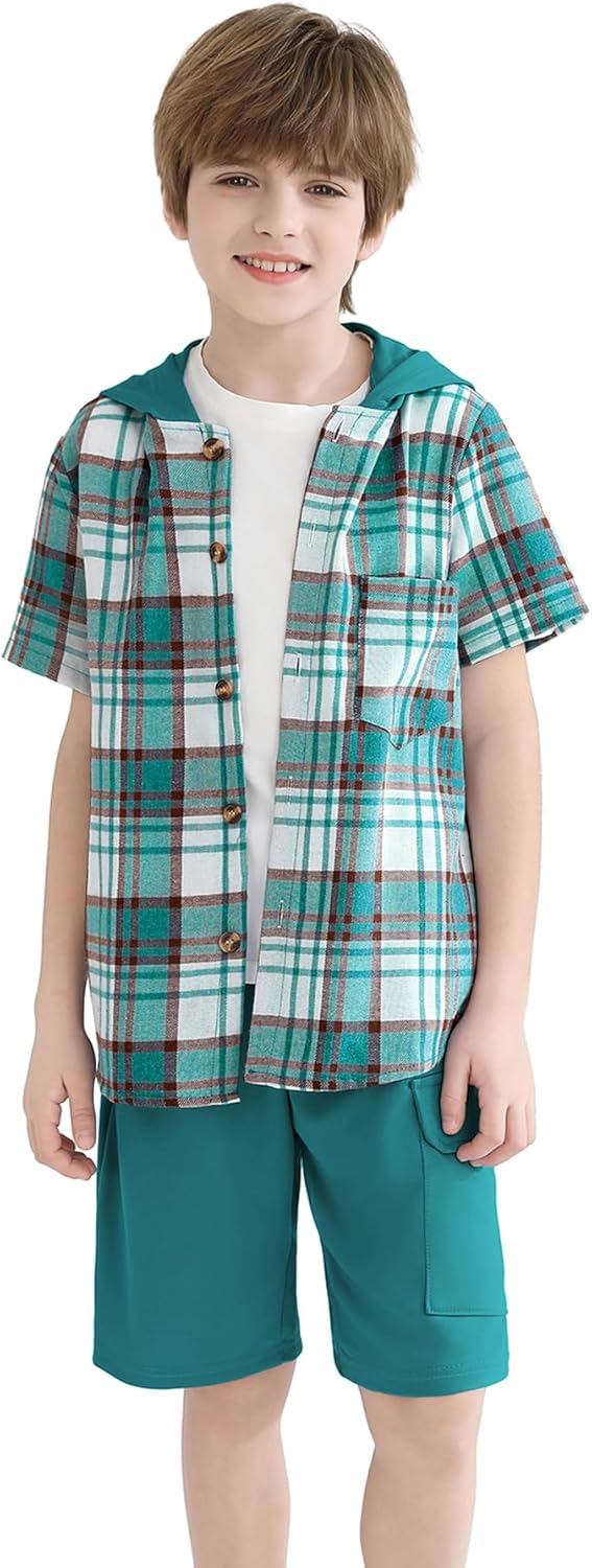 Boys Clothes Shorts Sets Plaid Short Sleeve Hooded Button Shirt and Jogger Shorts for Kids Summer Outfits - Image 3