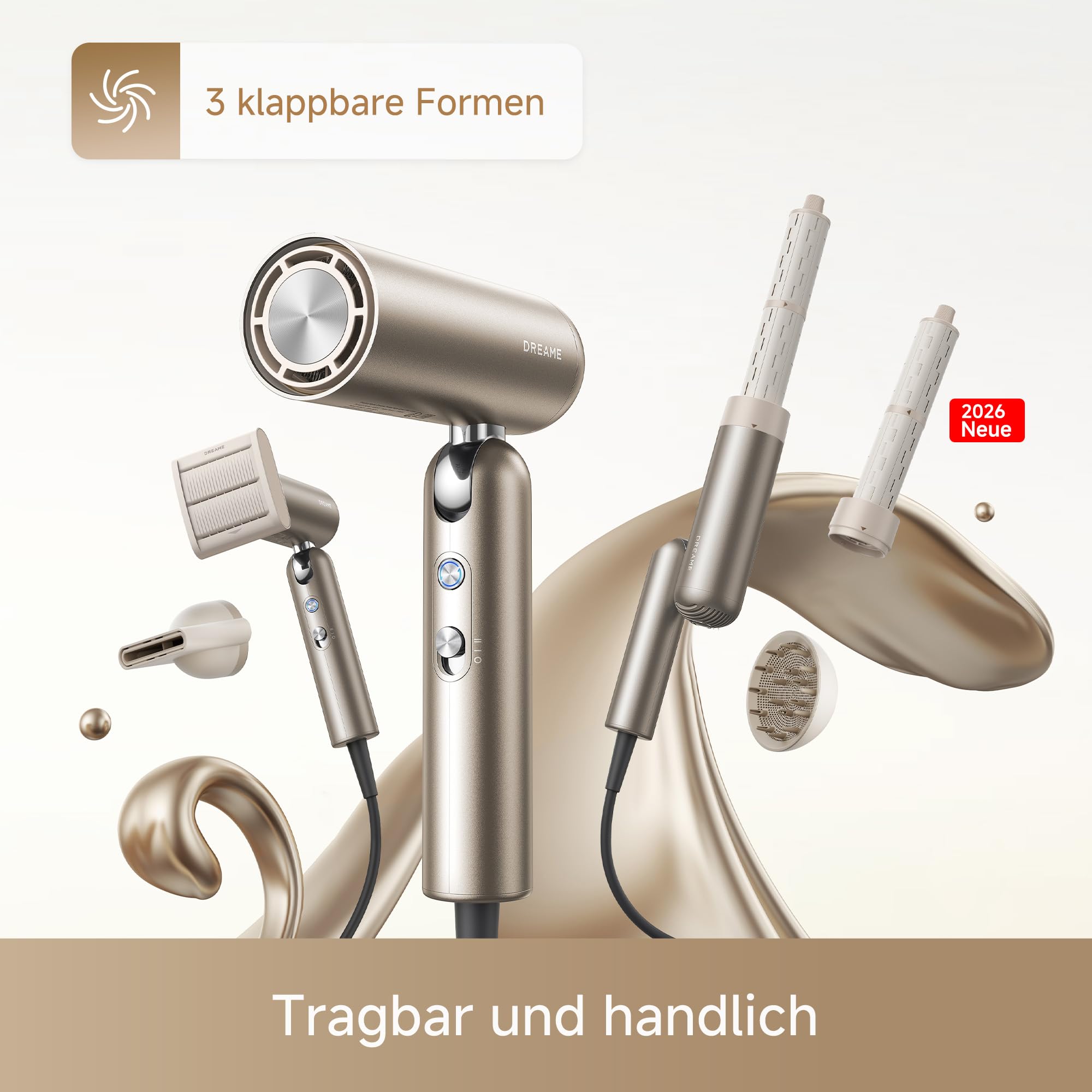 DREAME Pocket Pro Hochgeschwindigkeits-Haartrockner, 3 klappbare Formen Reiseföhn, 300 g, 110.000 U/min Motor, 300 Millionen negative Ionen/cm³, konstant 57 °C, 40s NTC-Trocknung, 2026 Neue